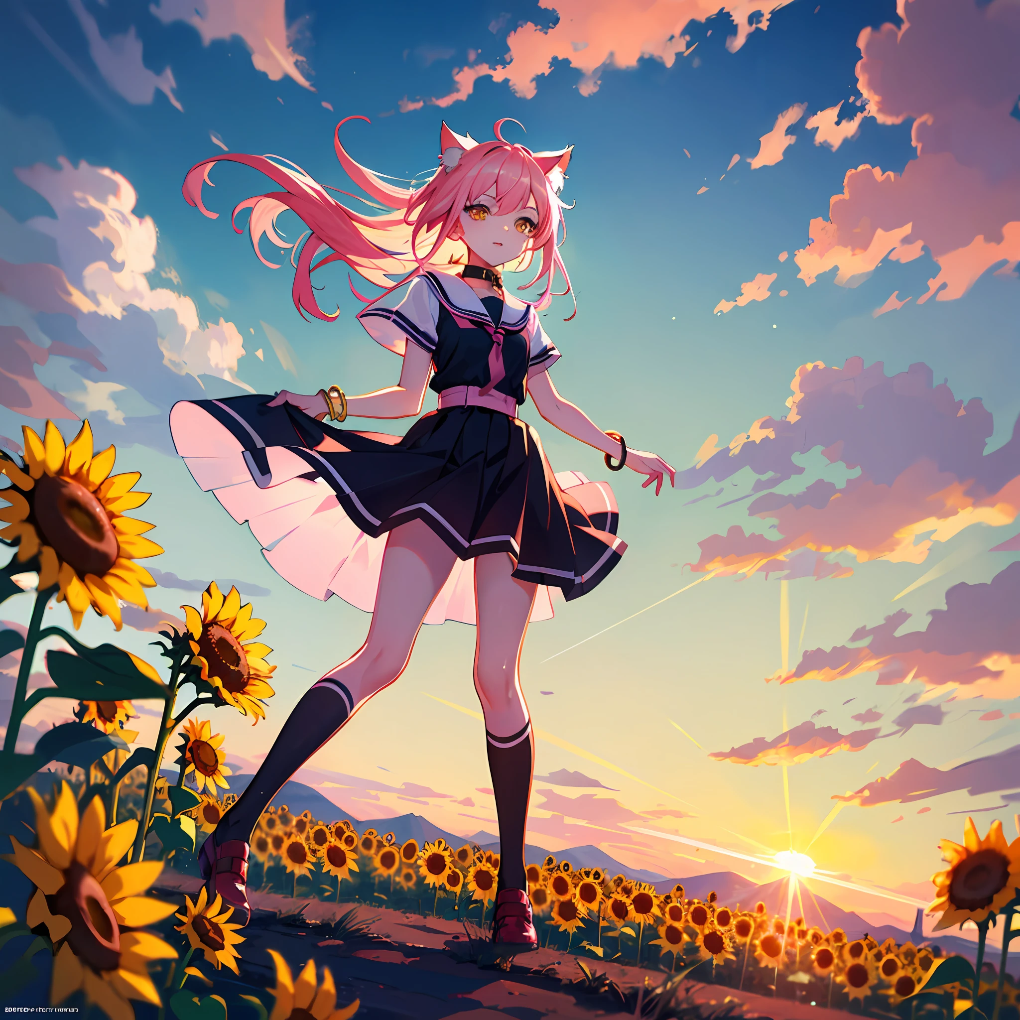 Top Quality, Masterpiece, High Definition, Very Detailed, 8k, One Girl, Cute, Anime, Crystal Clear White Skin, Sensual, Full Body, Young, Junior High School, 13 Years Old, Children, (Hair Color Shining Light Pink), Sunflower Field Spread All Over the Screen, Cat Eared Girl, (Looks Good), Iron Collar, Iron Bangle, Under the Sun, Low Angle, Skirt Lift, Wind, Tattoos on Face, Arms and Legs, Tattoos All Over Body, Tattoos, an ancient city in the distance, pastel colors