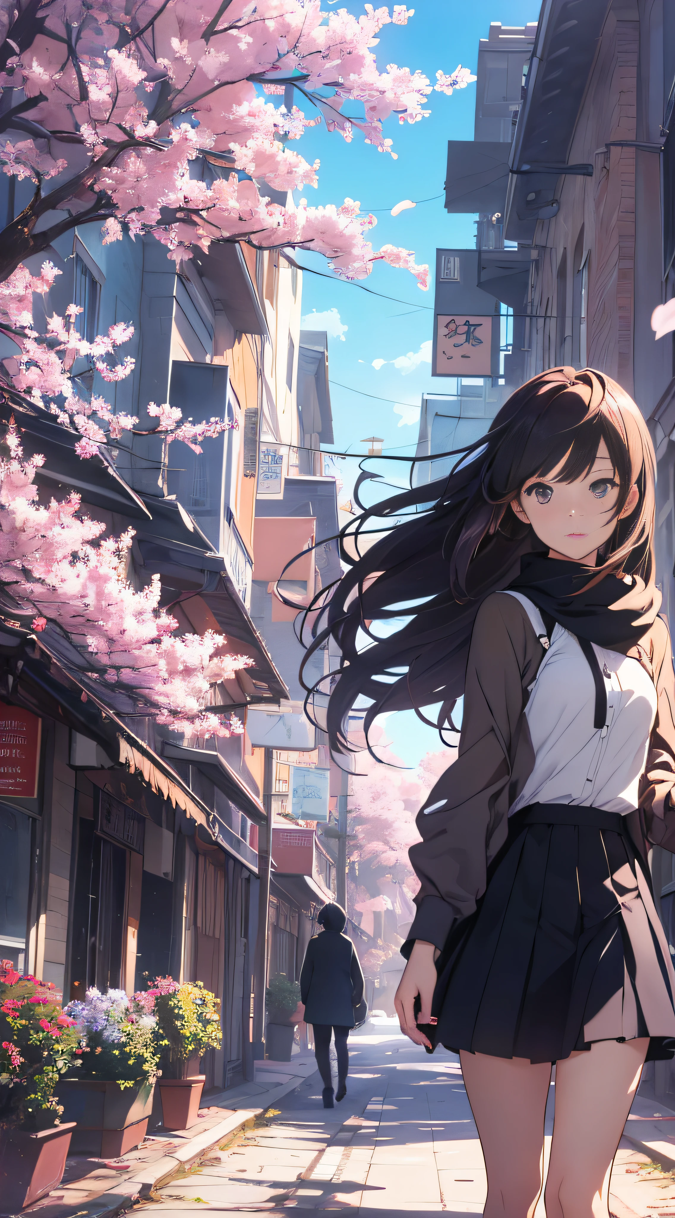 Scene anime characters with sky background, movie style with your name, TV anime stills, your name, Fiona Staples and Makoto Shinkai, Gwise and Makoto Shinkai, Makoto Shinkai and bioware, Makoto Shinkai, Makoto Shinkai, anime movie stills, screenshots of anime movies, (1 female: 1.3), (solo: 1.4), long hair, beautiful detail background, (8K image quality), (Ultra high definition:1.2), masterpiece, highest quality, high resolution, "Woman Standing in a Lavender Field", "The pink color of the cherry blossoms and the clear blue of the sky create a beautiful contrast. "Her hair and skirt are swaying in the wind." "The scent of lavender spreads all over the area on the wind", miniskirt, sunlight, light,
