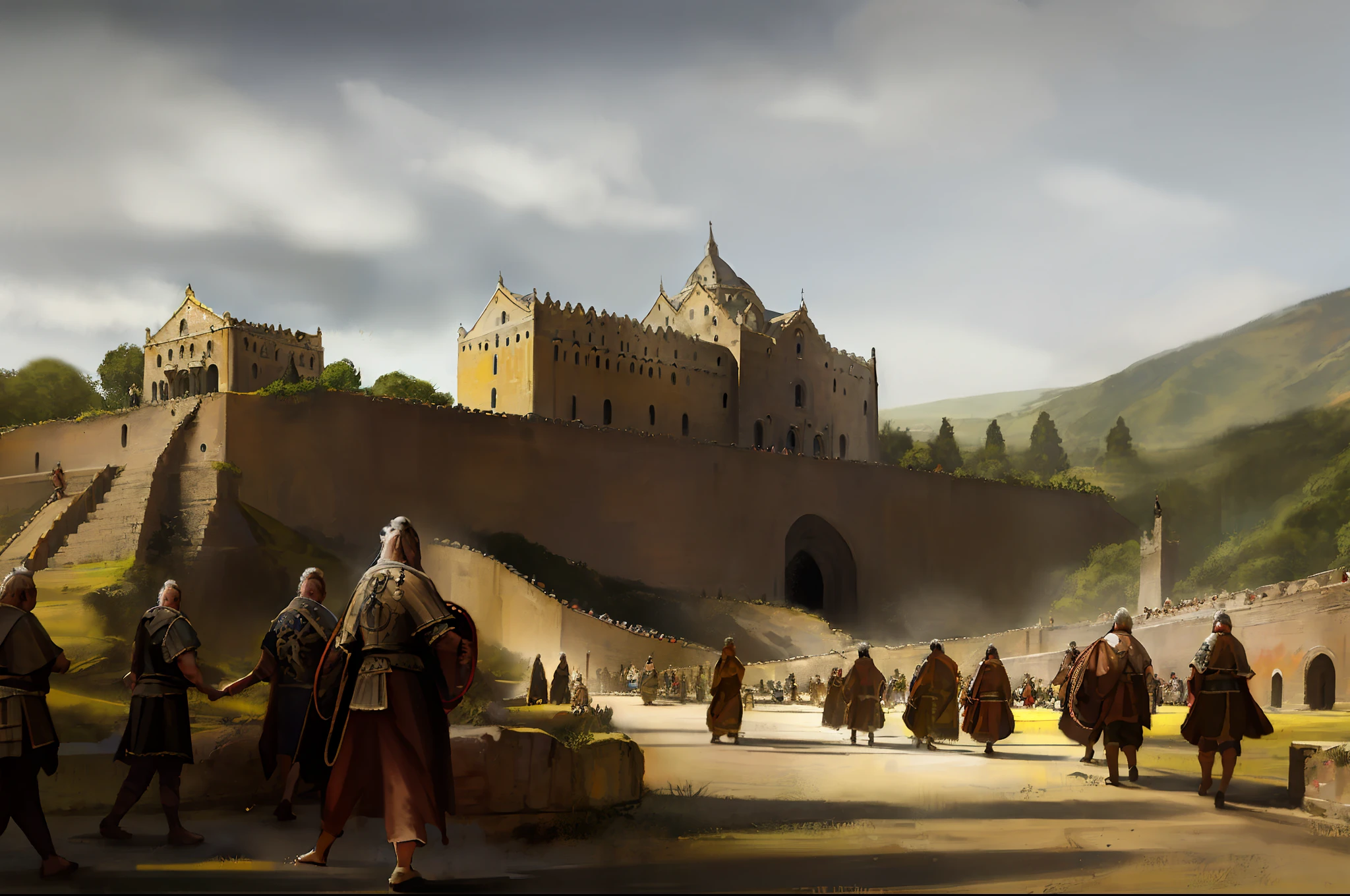 A realistic drawing of a photo of an ancient castle with Warriors and many people walking.