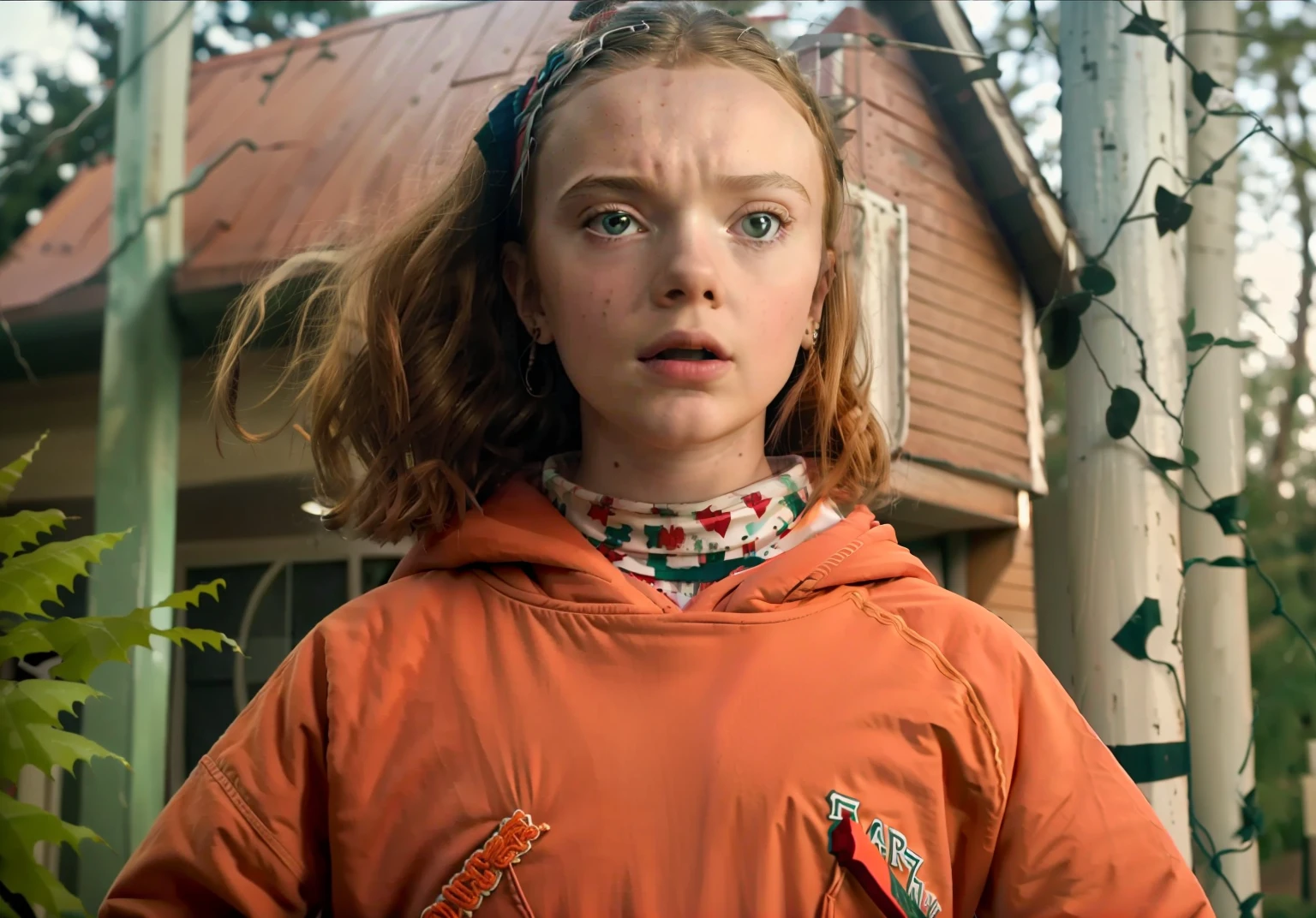 arafed young girl in orange hoodie standing in front of a house, eleven/millie bobbie brown, sadie sink, still from stranger things movie, still from stranger things, stranger things character, eleven from stranger things, screenshot from a movie, still from a live action movie, netflix, # film, still from the movie the arrival, elisabeth moss