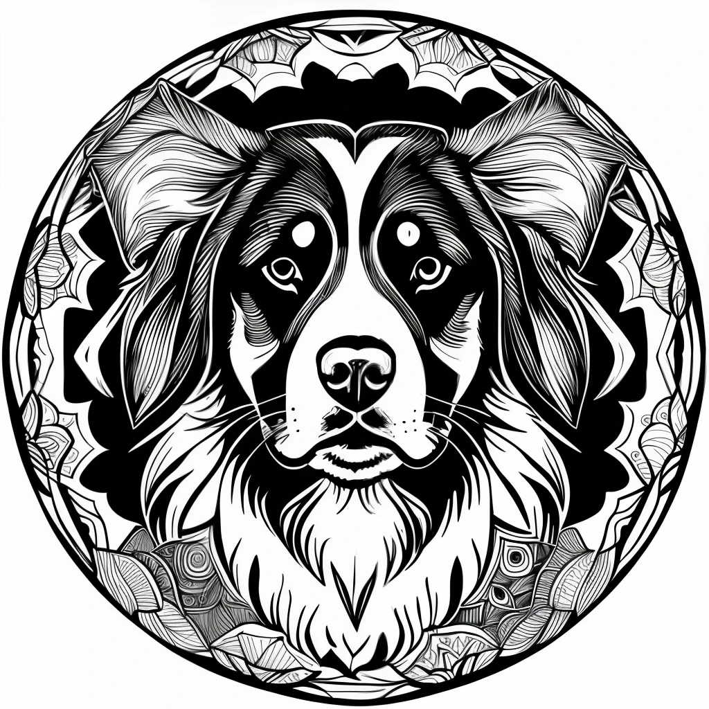 monochrome, adult coloring page, vectorization, mandala, dog image (Bernese Mountain Dog), white background, clean line art, fine line art