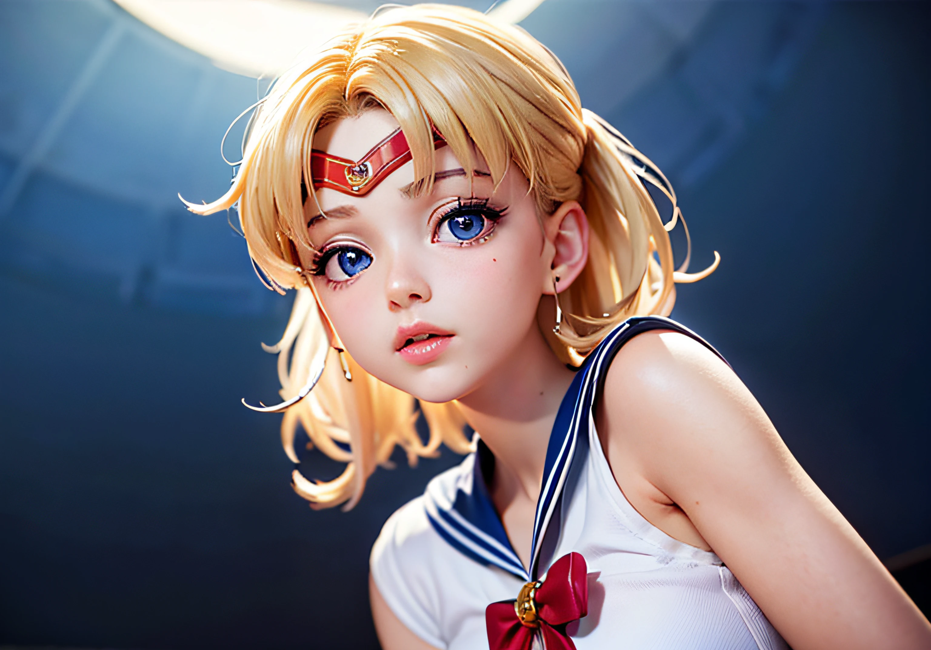 beenyou, loli,highly quality, photorealistic, 1girl, ((sailor moon)), close up, blonde hair, cute, perfect detailed blue eyes, (from below), ((small breast)),((puffy eyes)), hair,, hair color is __color__, japanese face, unreal_engine,