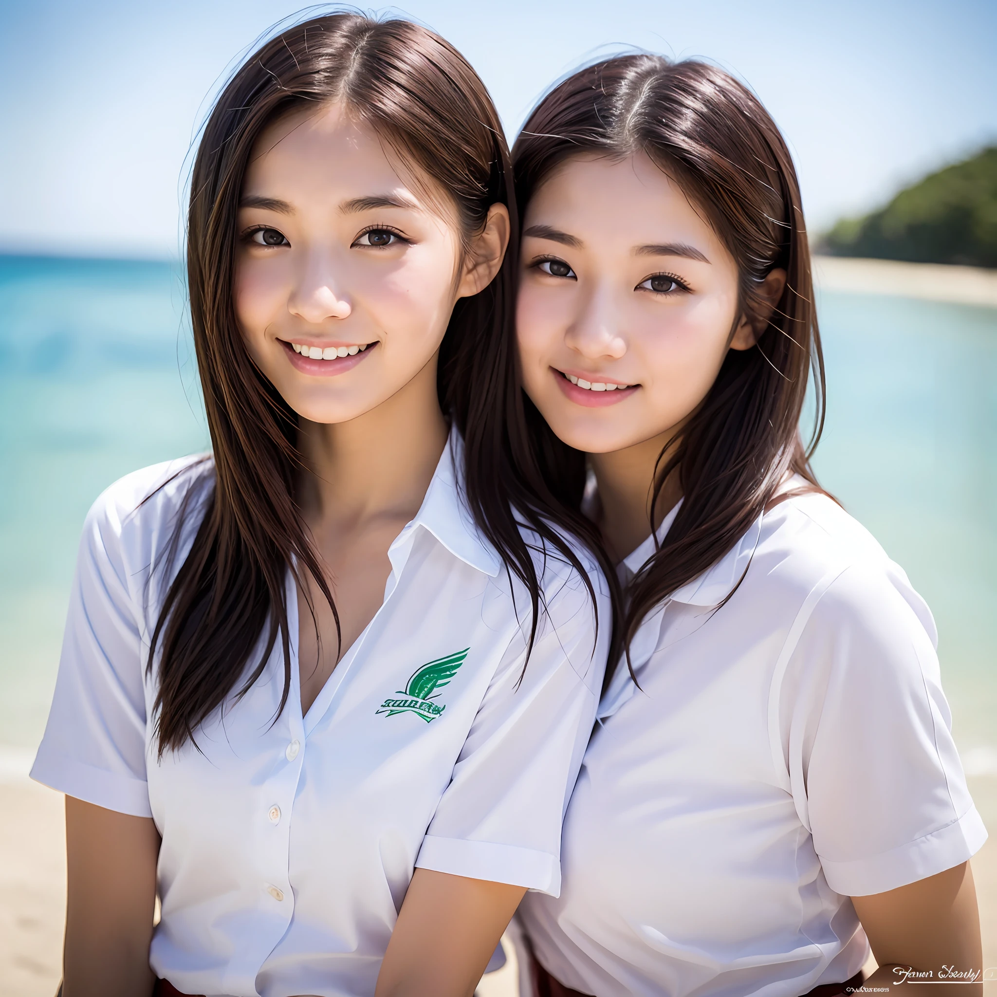 photos taken by professional photographers, realistic photos, realistic skin texture, Japan schoolgirls, cute high school girls, portrait of high school girls in Japan school uniforms, beautiful girl, background blue sky and emerald green sea and white sandy beach, round face, healthy skin tone, realistic and beautiful skin with pores, maroon short cut with a little wave, thick natural eyebrows, Dark brown sagging eyes, plump and attractive lips, beautiful smile, no makeup, simple, innocent, innocent, neat