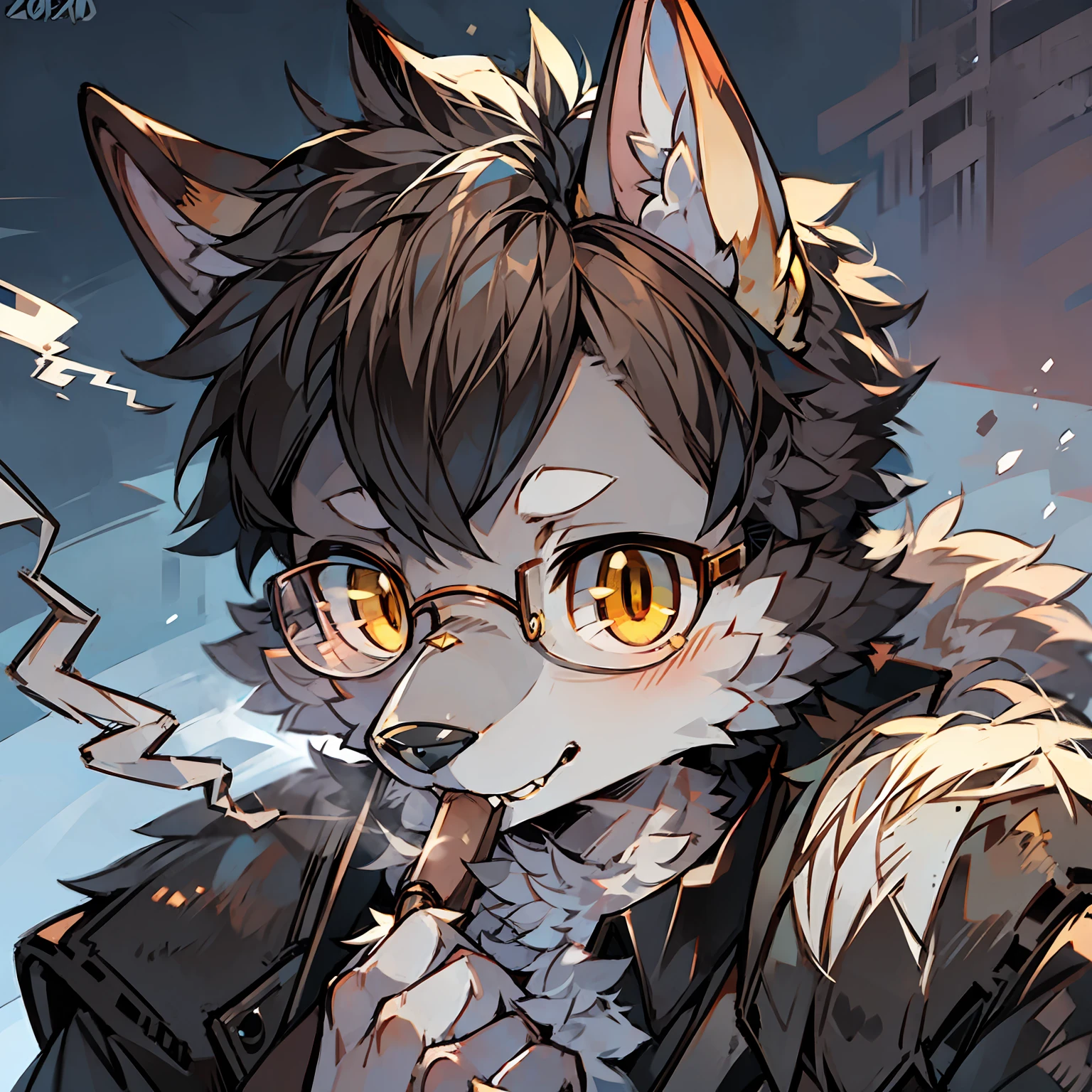 Gray nose, black-framed glasses, golden eyes