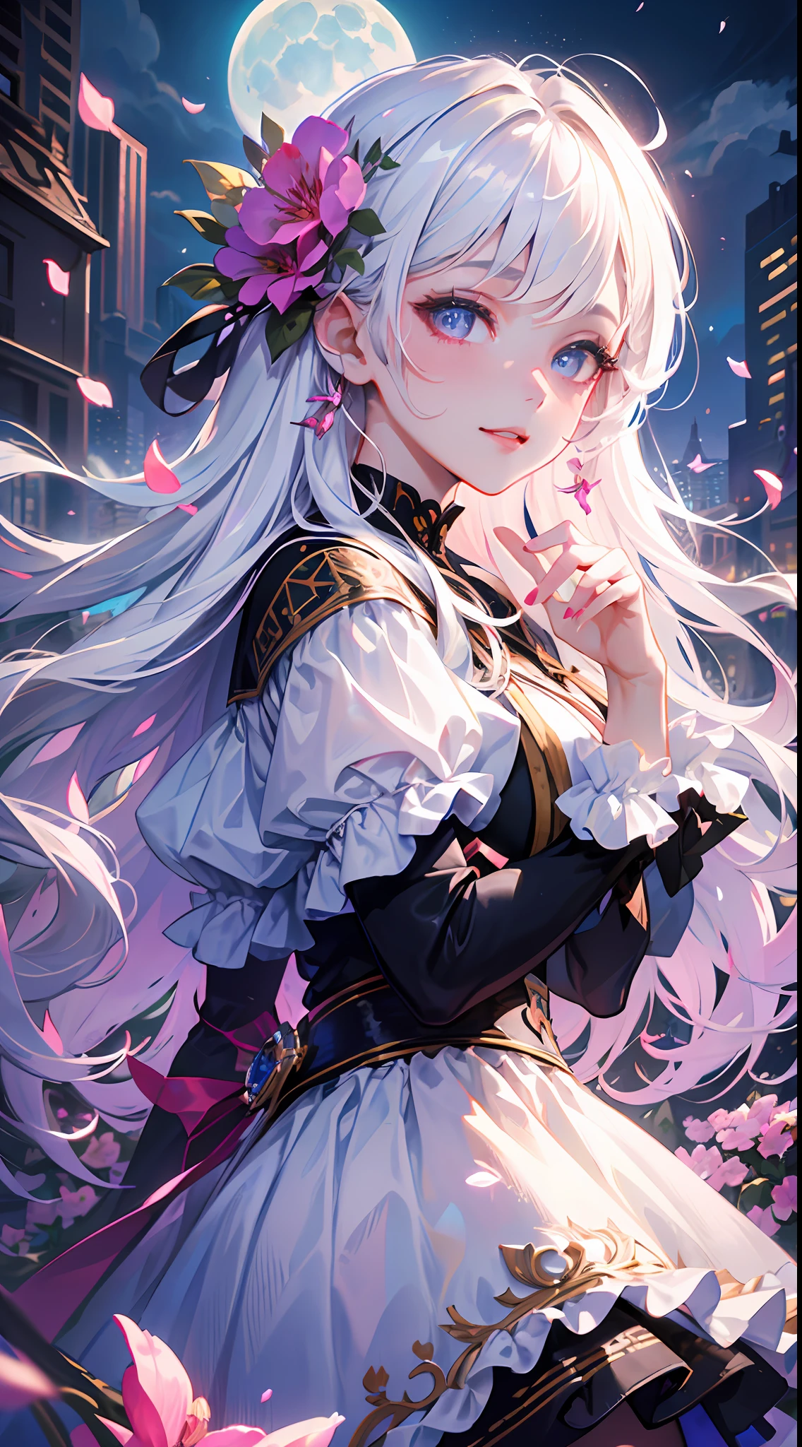 masterpiece, best quality, 1girl, (colorful),(finely detailed beautiful eyes and detailed face),cinematic lighting,bust shot,extremely detailed CG unity 8k wallpaper,white hair,solo,smile,intricate skirt,((flying petal)),(Flowery meadow) sky, cloudy_sky, building, moonlight, moon, night, dark theme, light, fantasy,