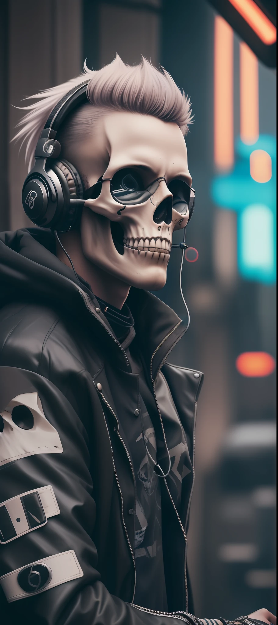 a close up of a person with a skull head and a pair of headphones, cyberpunk skeleton, portrait of a cyber skeleton, postapocalyptic vibes, cyberpunk streetwear, cyber skeleton, cyberpunk horror style, muted cyberpunk style, aesthetic cyberpunk, has cyberpunk style, cyberpunk style, cyberpunk wearing, postapocalyptic style, style of cyberpunk, cyberpunk style outfit