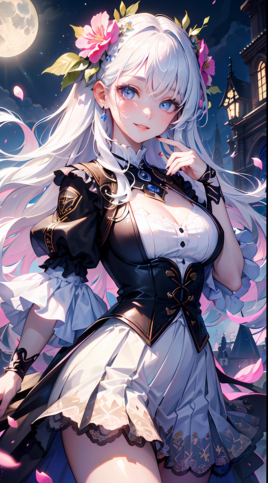 masterpiece, best quality, 1girl, (colorful),(finely detailed beautiful eyes and detailed face),cinematic lighting,bust shot,extremely detailed CG unity 8k wallpaper,white hair,solo,smile,intricate skirt,((flying petal)),(Flowery meadow) sky, cloudy_sky, building, moonlight, moon, night, dark theme, light, fantasy,