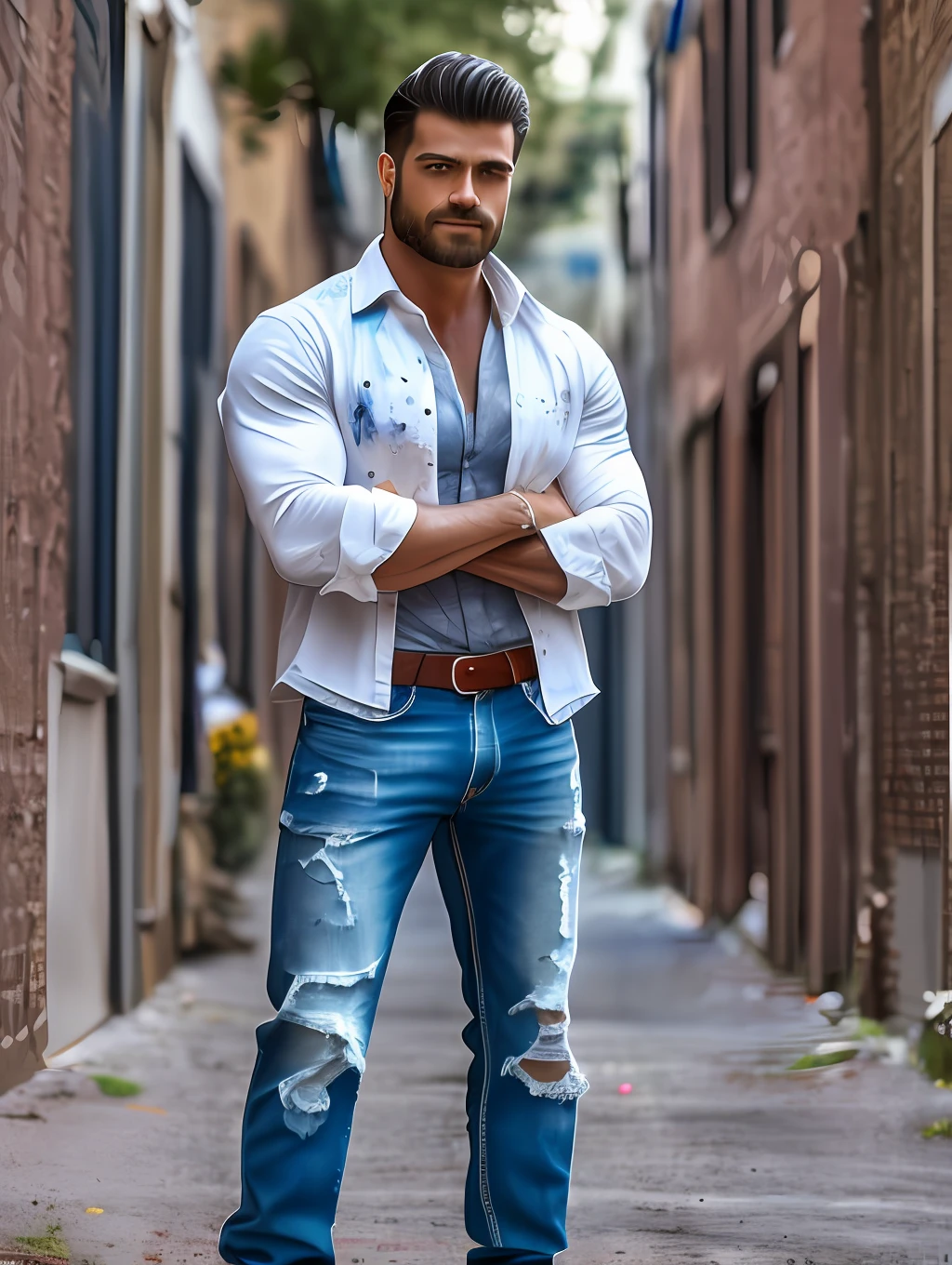 (Highest quality, amazing details: 1.4), masterpiece, original characters, natural volumetric lighting and better shadows, deep depth of field, sharp focus, portrait of the ((2men)) 40 years incredibly beautiful muscles, full body, insanely handsome face manly, beard, attractive with clear eyes, seductive smile, shaggy short gray hair, smoking, white tight shirt, jeans, (messy painted body: 1.05), (alley background with people cars shops: 1.15), shopping street, (standing with arms crossed: 1.2), picturesque, overexposure, photorealism, photorealistic, nsfw, sexy,, sharp, focused, centered, sensual, HD, 8k, DSLR, RAW --auto --s2