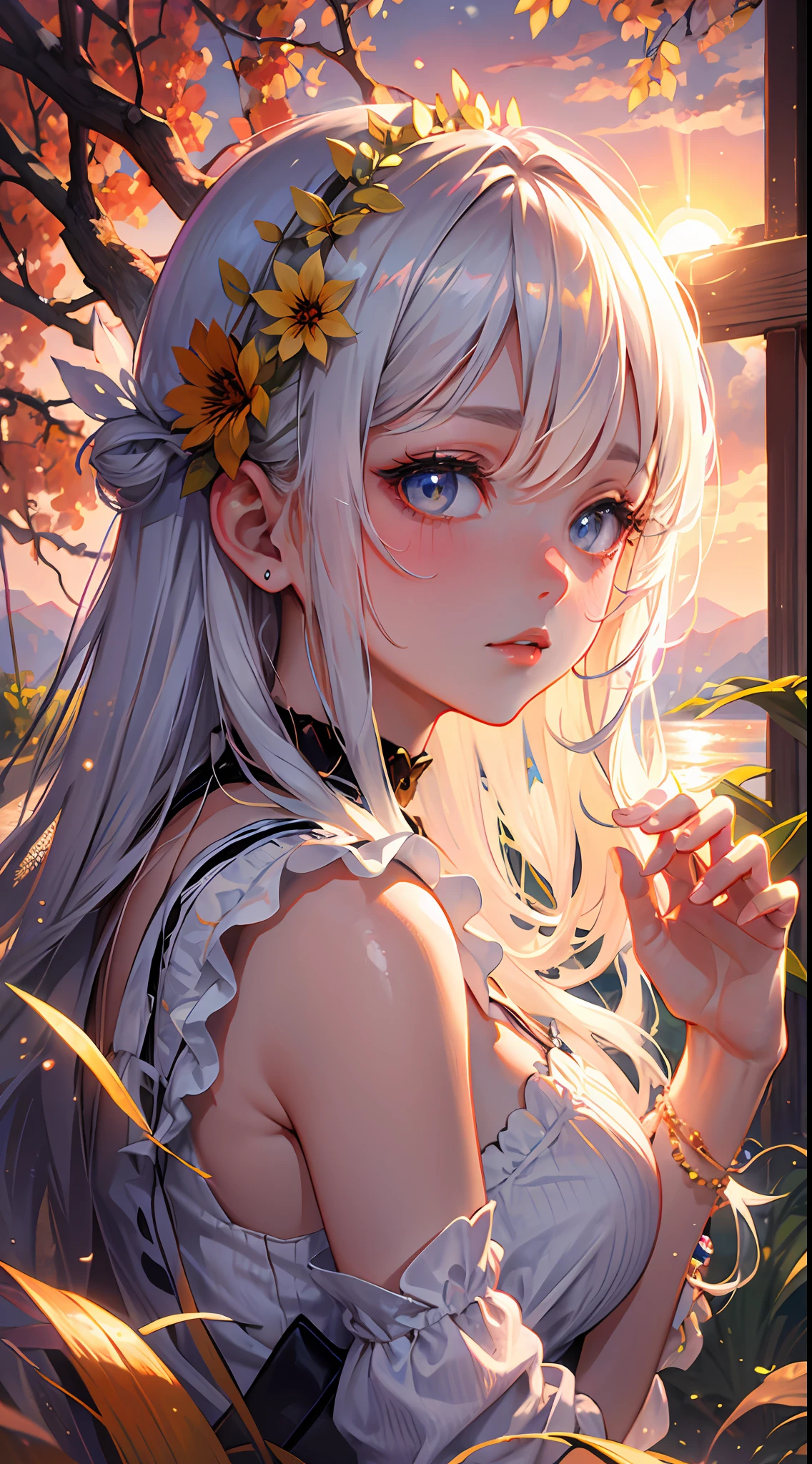 1 girl, serene expression, mesmerizing eyes, straight long hair, flowing dress, poised posture, porcelain skin, subtle blush, crystal pendant
BREAK
golden hour, (rim lighting):1.2, warm tones, sun flare, soft shadows, vibrant colors, painterly effect, dreamy atmosphere
BREAK
scenic lake, distant mountains, willow tree, calm water, reflection, sunlit clouds, peaceful ambiance, idyllic sunset, ultra detailed, official art, unity 8k wallpaper
, zentangle, mandala