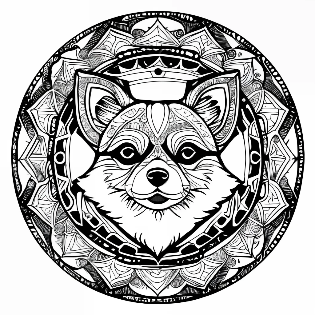 monochrome, adult coloring page, vectorization, mandala, dog image (Pomeranian), white background, clean line art, fine line art