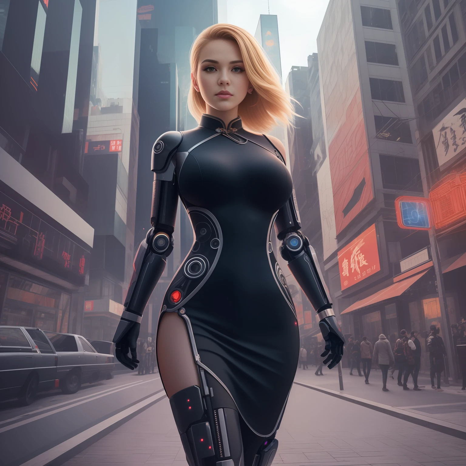 Long cheongsam in black solid color, blonde hair, intricate precision thick cyberpunk robotic arm, sagging breasts, chiaroscuro, full-body portrait, panorama, first-person perspective, perspective, diffraction spikes, bokeh, UHD, masterpiece