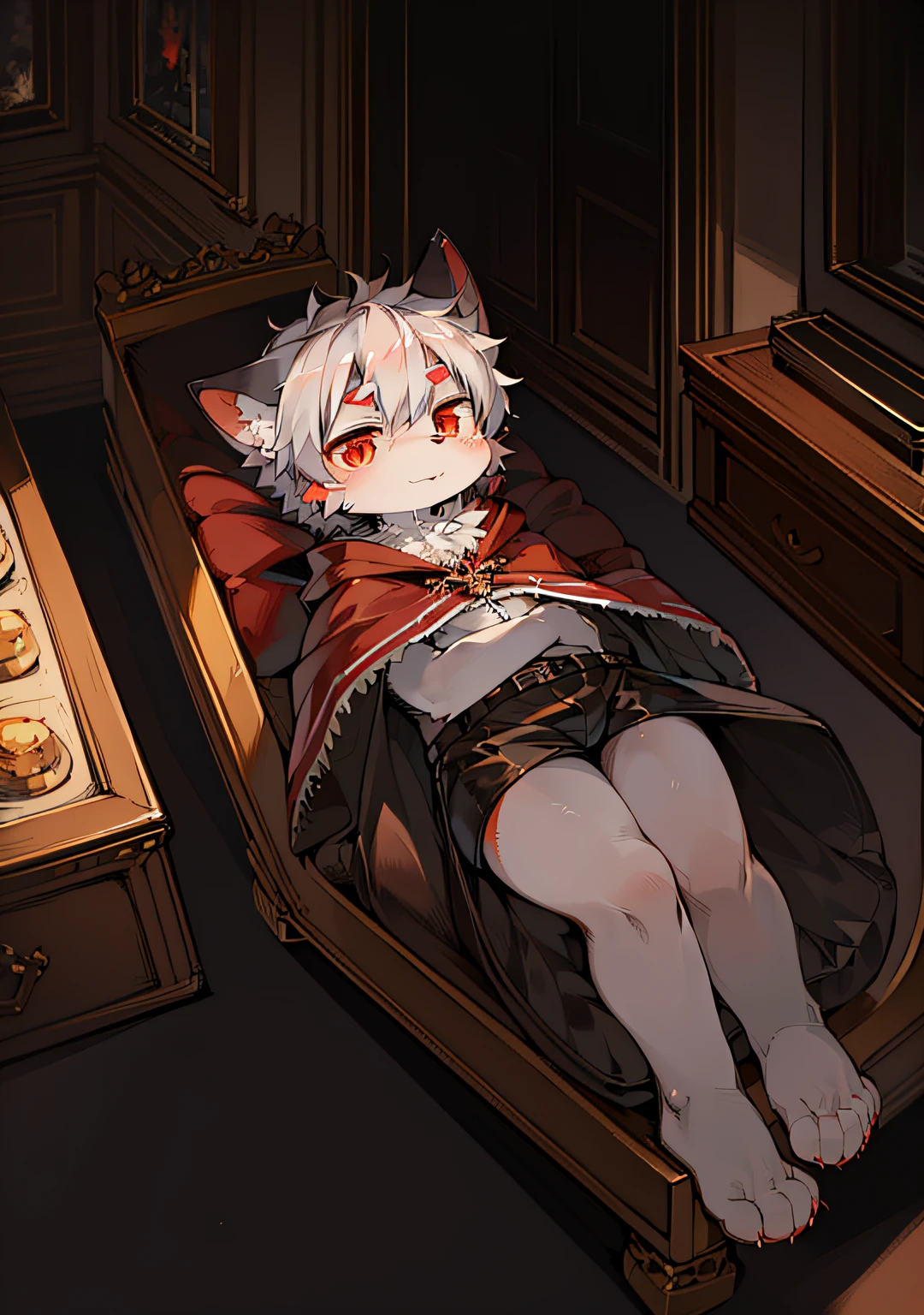 (dark environment:0.8),masterpiece, high quality, absurd res, digital painting \(artwork\), by dagasi, yupa,kiyosan,(anthro,fluffy fur,character focus:1.1),anthro male cat,short hair,portrait, bright eyes,panorama,character focus.(detailed background:0.7),solo,furry,furry male ,male focus,anthr,(Full body fur, fluffy tail, white fur,red eyes,gray hair:1.2),(long canines,vampire, cape:1.2),(interior,night, castle, coffin:1.1)