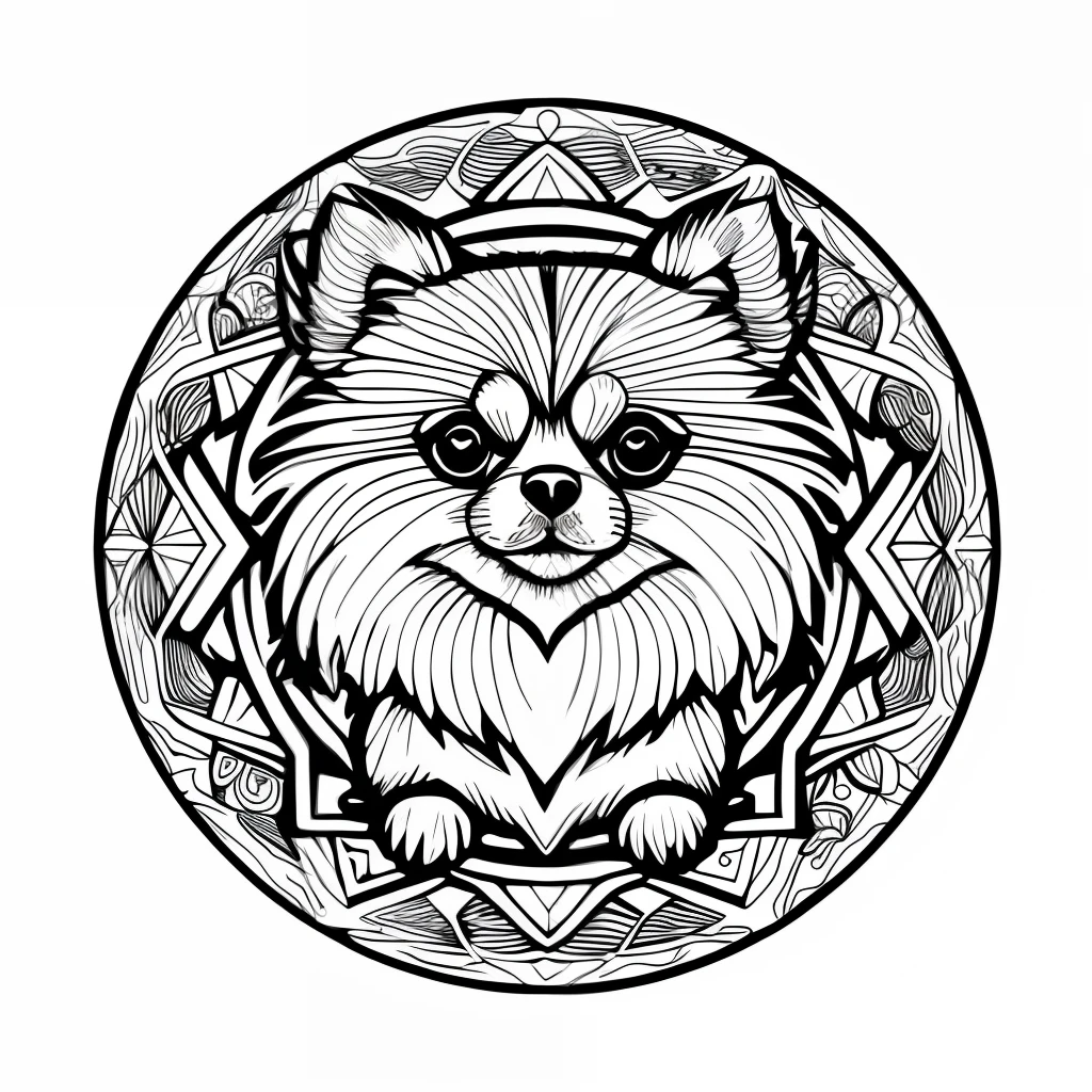 monochrome, adult coloring page, vectorization, mandala, dog image (Pomeranian), white background, clean line art, fine line art