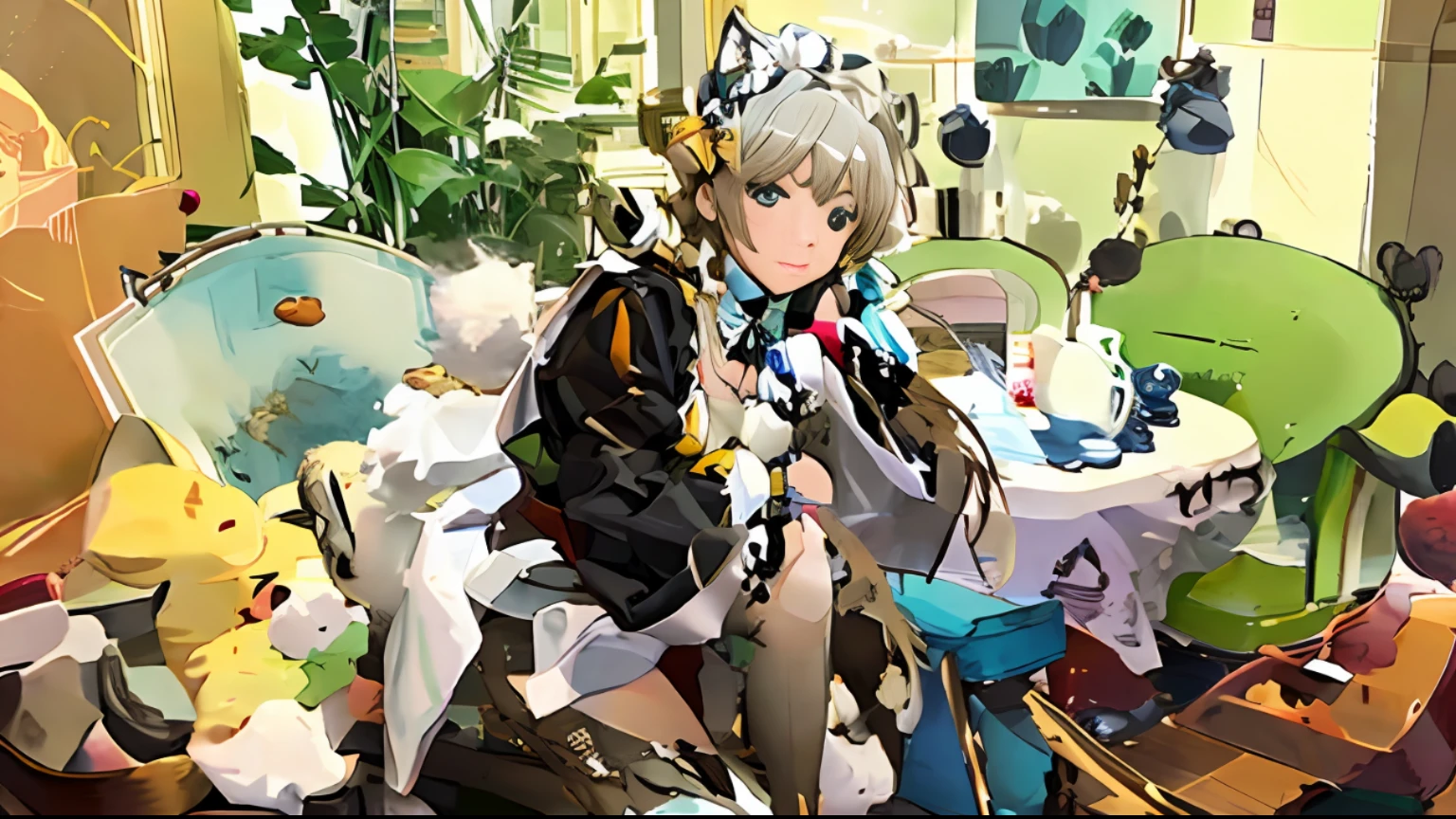 Anime - stylistic image of a woman in a maid costume standing in a restaurant, anime girl in a maid costume, anime cat girl in a maid costume, maid costume, maid in a magic forest, sexy maid in a enchanted forest, characters from azur lane, guweiz on pixiv artstation, trends on ArtStation pixiv ((masterpiece, super quality, black stockings)) azur route