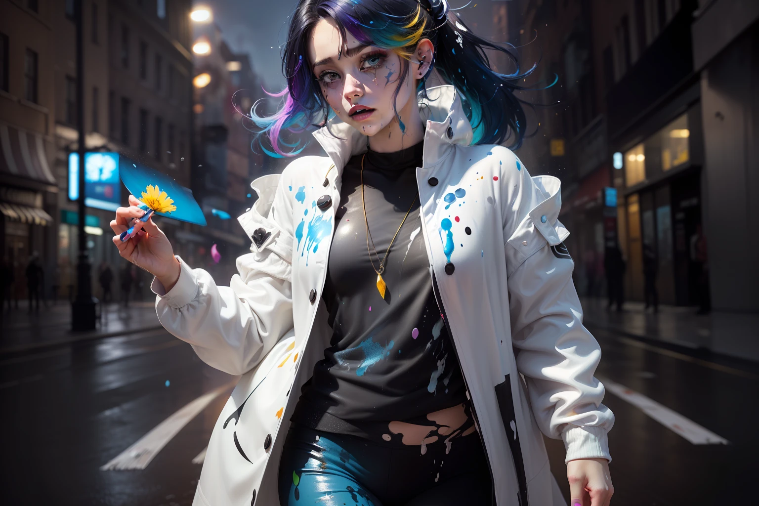（Pink Fashion T-shirt：1.9），(Colorful hair: 1.8), (all the colours of the rainbow: 1.8),(((((vertical painting：1.6))), （painting：1.6），front, comics, illustrations, paintings, large eyes, crystal clear eyes,（ rainbow color gradient high ponytail：1.7）, exquisite makeup, closed mouth,(Small Fresh: 1.5),(Wipe Chest: 1.6) ，long eyelashes, white off shoulder T-shirt,  White Shoulder Shirt，looking at the audience, large watery eyes, (rainbow colored hair：1.6), color splash, （solo：1.8）, color splash, color explosion, thick paint style, messy lines, ((shining))，(colorful), (colorful), (colorful), colorful, Thick Paint Style, (Splash) (Color Splash), Vertical Painting, Upper Body, Paint Splash, Acrylic Pigment, Gradient, Paint, Highest Image Quality, Highest Quality, Masterpiece, Solo, Depth of Field, Face Paint,  colorful clothes, (Elegant: 1.2), gorgeous,long hair, wind, (Elegant: 1.3), (Petals: 1.4)，(((masterpiece))),(((best quality))),((ultra-detailed)),(illustration),(dynamic angle),((floating)),(paint),((disheveled hair)),(solo),(1girl) , (((detailed anima face))),((beautiful detailed face)),collar,bare shoulders,white hair, ((colorful hair)),((streaked hair)),beautiful detailed eyes,(Gradient color eyes),(((colorful eyes))),(((colorful background))),(((high saturation))),(((surrounded by colorful splashes))), --auto