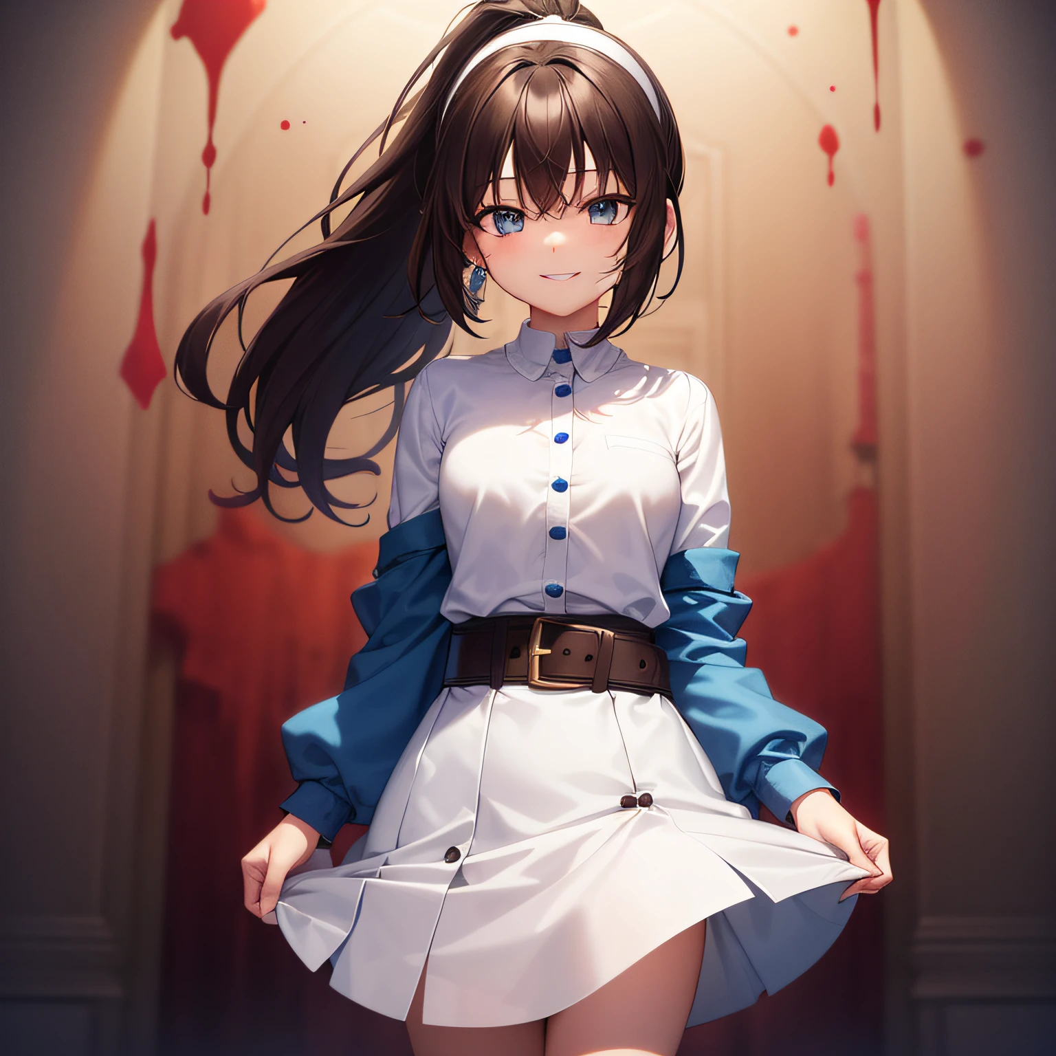 Top quality, very delicate and beautiful, girl, 11 years old, (dark brown hair), blue clothes with vertical buttons, belt at the waist, white skirt, (ponytail)), (white hair band), (brown boots), blue eyes, standing, smiling, (a lot of blood back on clothes), strange eyes, (bloody), dark falling, (clothes bloody)