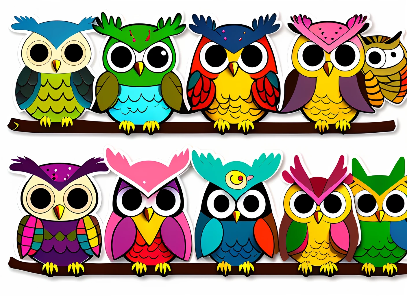 sticker, Happy Colorful Owl wearing Headohones, kawaii, contour, vector, white background --auto --s2