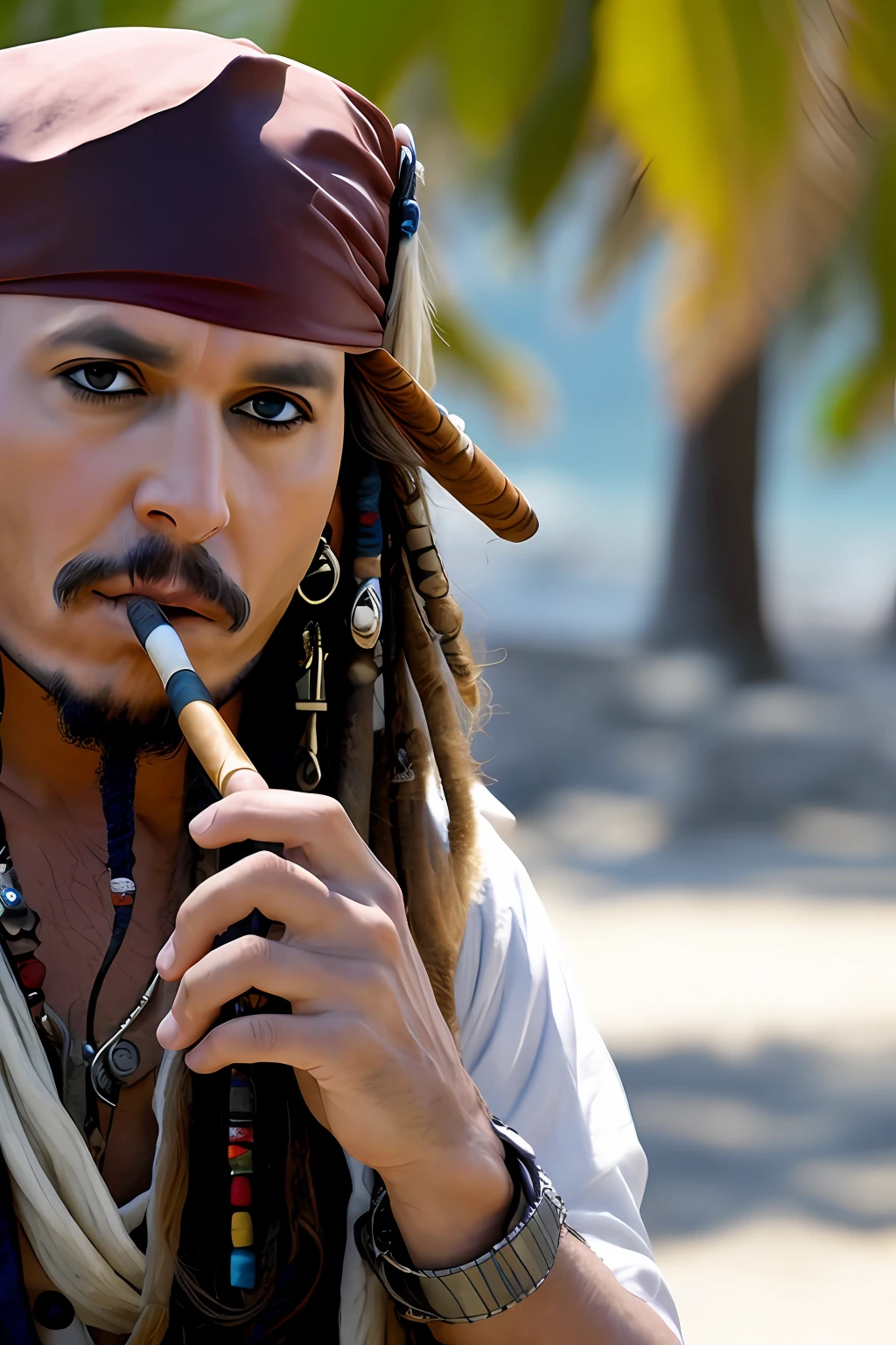 Jack sparrow smoking cigar in front of orchild bay
