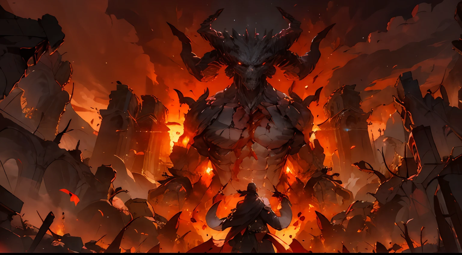 (absurd, high resolution, super detailed), mountains, barrenness, blood-like sunset, thick smoke, looming a huge monster rolling in the smoke, bloody eyes, a black cold back, white hair, a long knife shining with cold light, panorama, full frame, broken ruins style, dark, oppressive, particles, dust, blurred vision