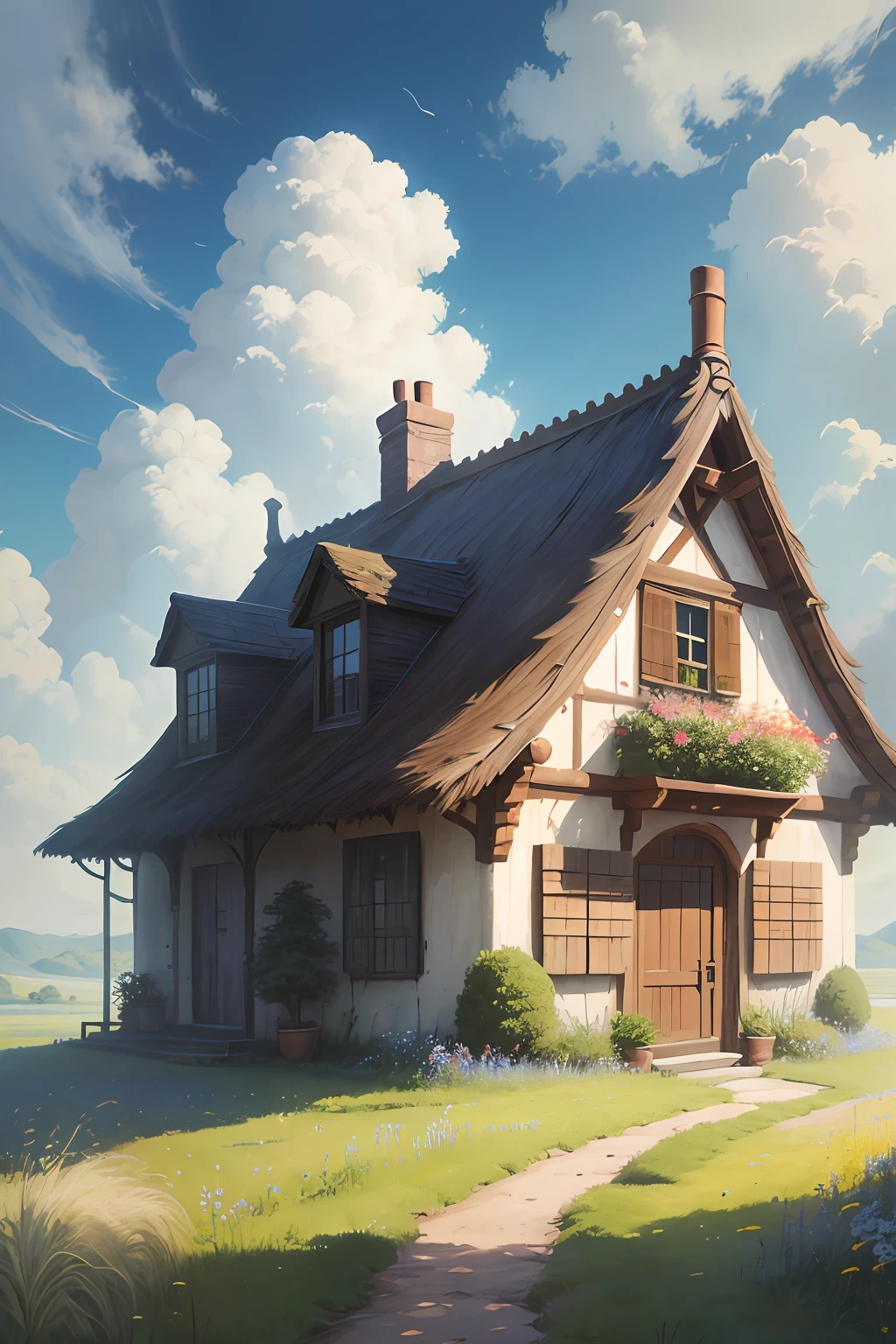 Realistic, authentic, beautiful and amazing landscape oil painting Studio Ghibli Hayao Miyazaki's petal grassland with blue sky and white clouds --v6