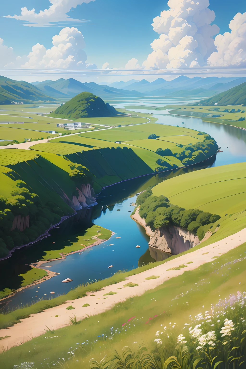 Realistic, authentic, beautiful and amazing landscape oil painting Studio Ghibli Hayao Miyazaki's petal grassland with blue sky and white clouds --v6