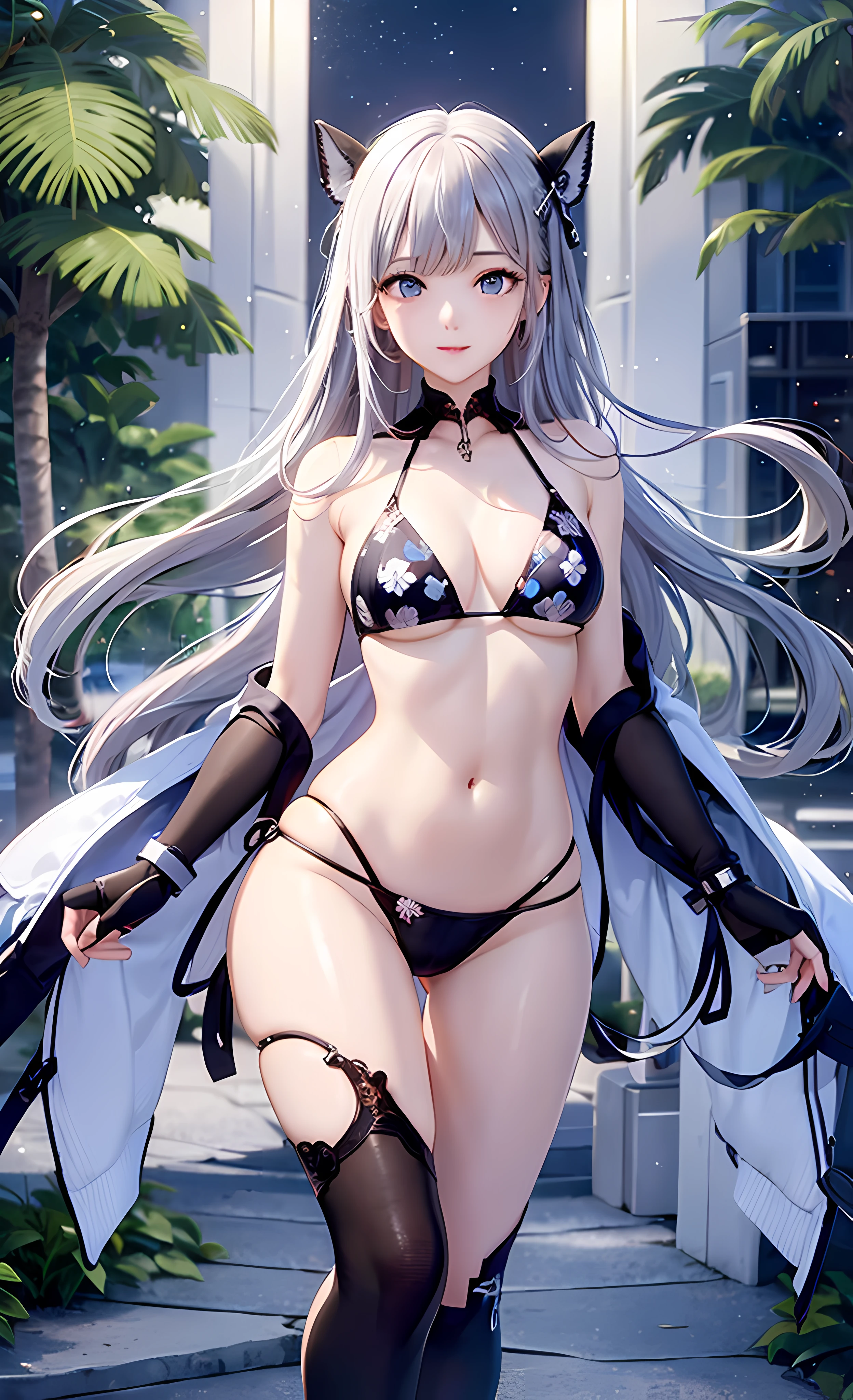 masterpiece, best quality, girls, slender, blue eyes, hair color ash, white skin, medium breasts, cute, sexy, futuristic, bikini, skin exposed, night, floral theme, open legs, full body