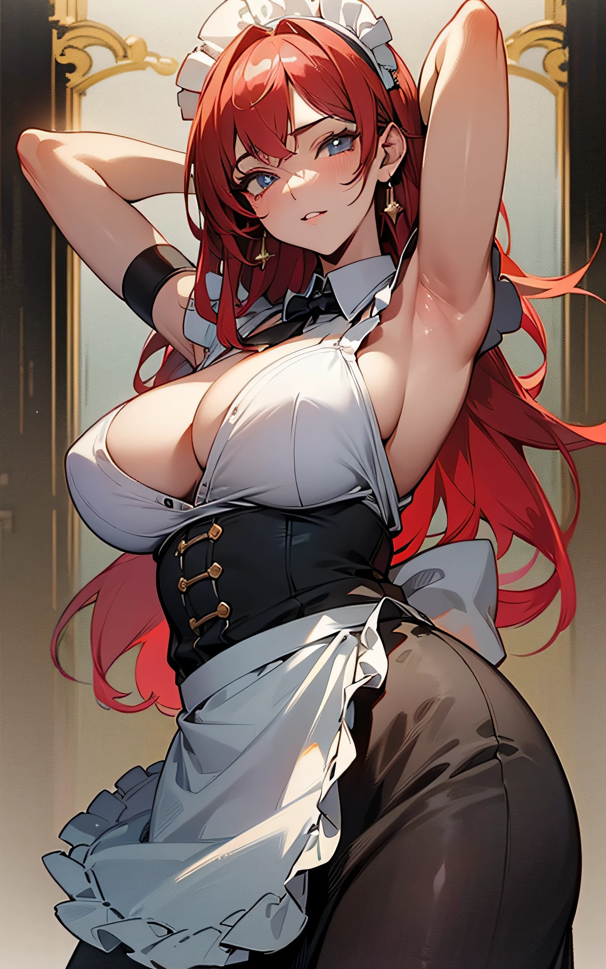 (Original Character、Unity 16K Wallpaper, Masterpiece, Best Quality, Ultra-Detailed, Extremely Detailed CG, Caustics, Cinematic Lighting, Detailed, Beautiful Detailed Eyes, solo,sexy women), Ultra High Resolution, fine skin, (maid, maid apron, maid headdress,black maid skirt), (strong light)、oily skin,curby:1.2,gigantic breasts,mansion、(cowboy shot、above chest),focus chest,armpits,red hair
