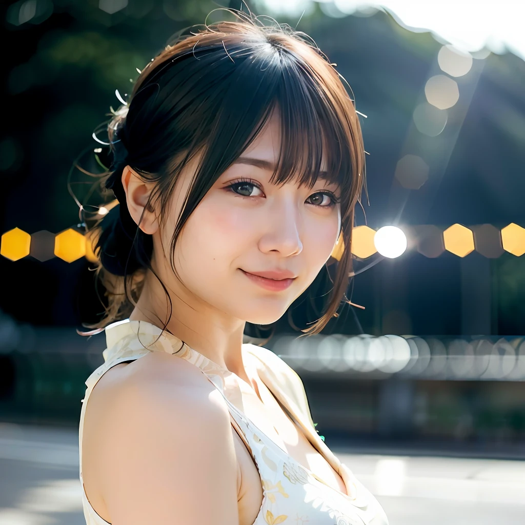 Top Quality, Photorealistic, 8k, High Definition, Girl 1 Person, Mei Nagano, (Skin Dent), (Big Breasts), (Professional Lighting, Bokeh), (Street), (People, Crowd: 0.6), Market, (Night: 1.2), Black Hair, (Blouse: 1.5), (Portrait: 0.6), Gorgeous, Bloom, (Floating Hair), (Light particles, Lens flare, Luminous particles: 0.6), ( Dynamic Pose: 1.2), soft lighting,