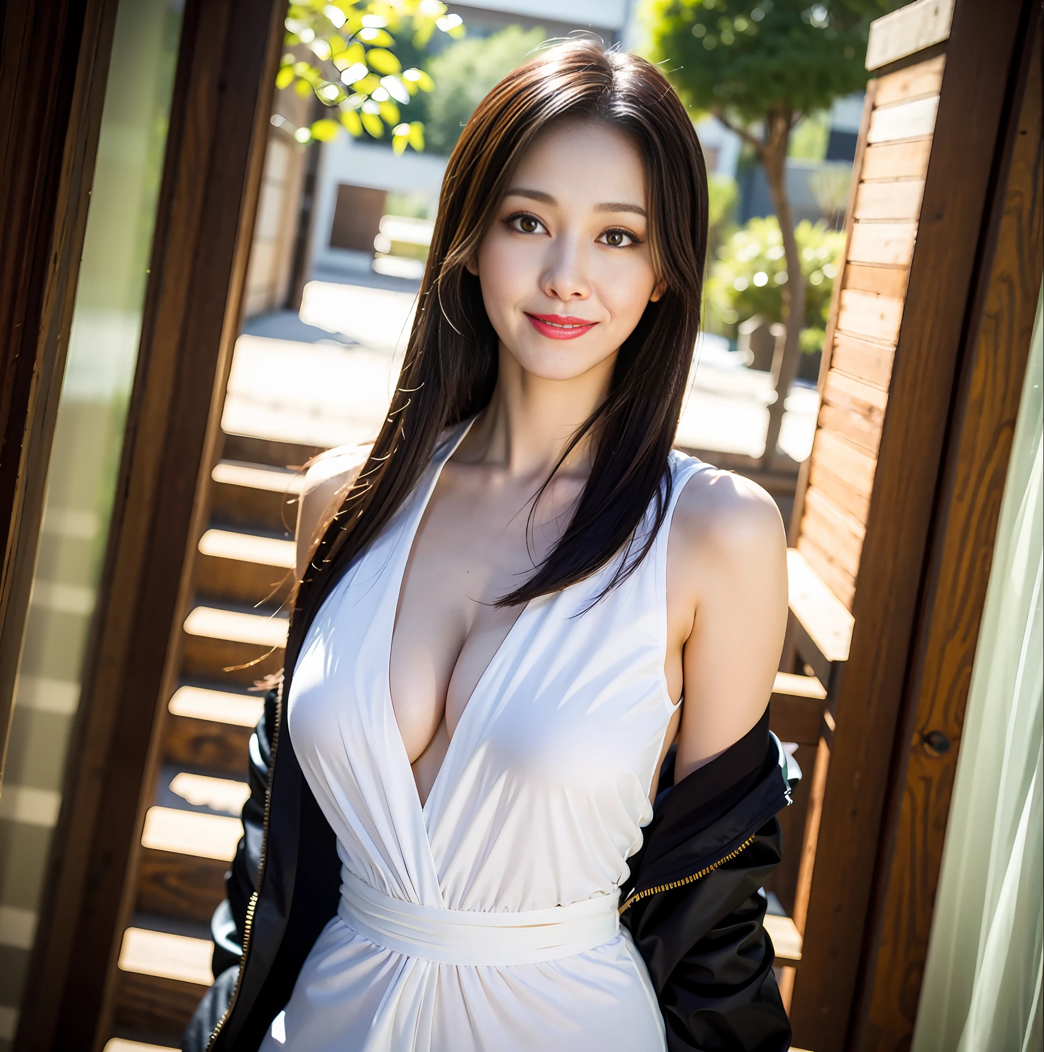 (8k, RAW photo:1.2),Best quality, ultra-high resolution, peeking breasts, big eyes, slender waist, lovely smile, 8k, very fine face, delicate lips, delicate eyes, double eyelids, long black hair, black hair, 8k, outdoor, lovely eyes