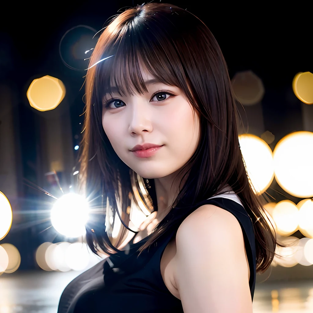 Top Quality, Photorealistic, 8k, High Definition, Girl 1 Person, Mei Nagano, (Skin Dent), (Big Breasts), (Professional Lighting, Bokeh), (Street), (People, Crowd: 0.6), Market, (Night: 1.2), Black Hair, (Blouse: 1.5), (Portrait: 0.6), Gorgeous, Bloom, (Floating Hair), (Light particles, Lens flare, Luminous particles: 0.6), ( Dynamic Pose: 1.2), soft lighting,