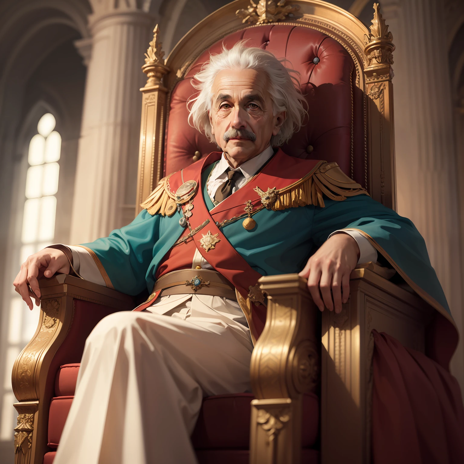 "An ultra-detailed and beautiful illustration of Albert Einstein as a majestic king, sitting regally on his throne with impeccable color grading."