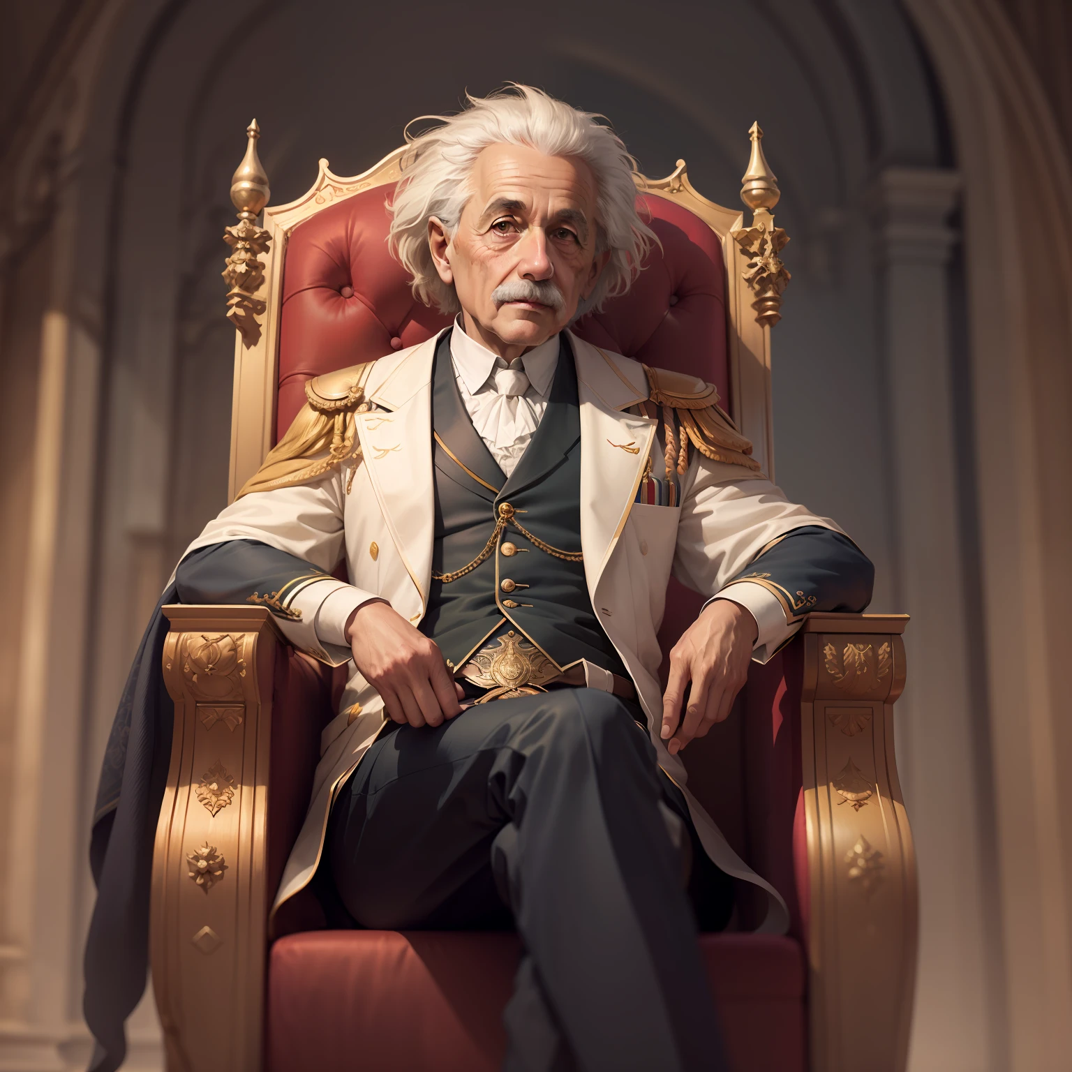 "An ultra-detailed and beautiful illustration of Albert Einstein as a majestic king, sitting regally on his throne with impeccable color grading."
