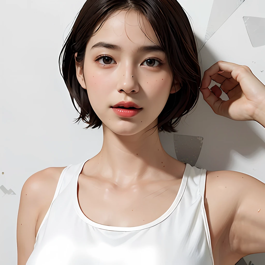 (Ultra Real), (Illustration), (High Resolution), (8K), (Very Detailed), (Best Illustration), (Beautiful Detailed Eyes), (Best Quality), (Ultra Detailed), (Masterpiece), (Wallpaper), (Detailed Face), Droopy Eyes, Sweaty, Upper Body Up, Armpits, Short Hair, Inner Color, Solo, Simple White Tank Top Girl, Japan Person, Big Tits, (Camel Toe)