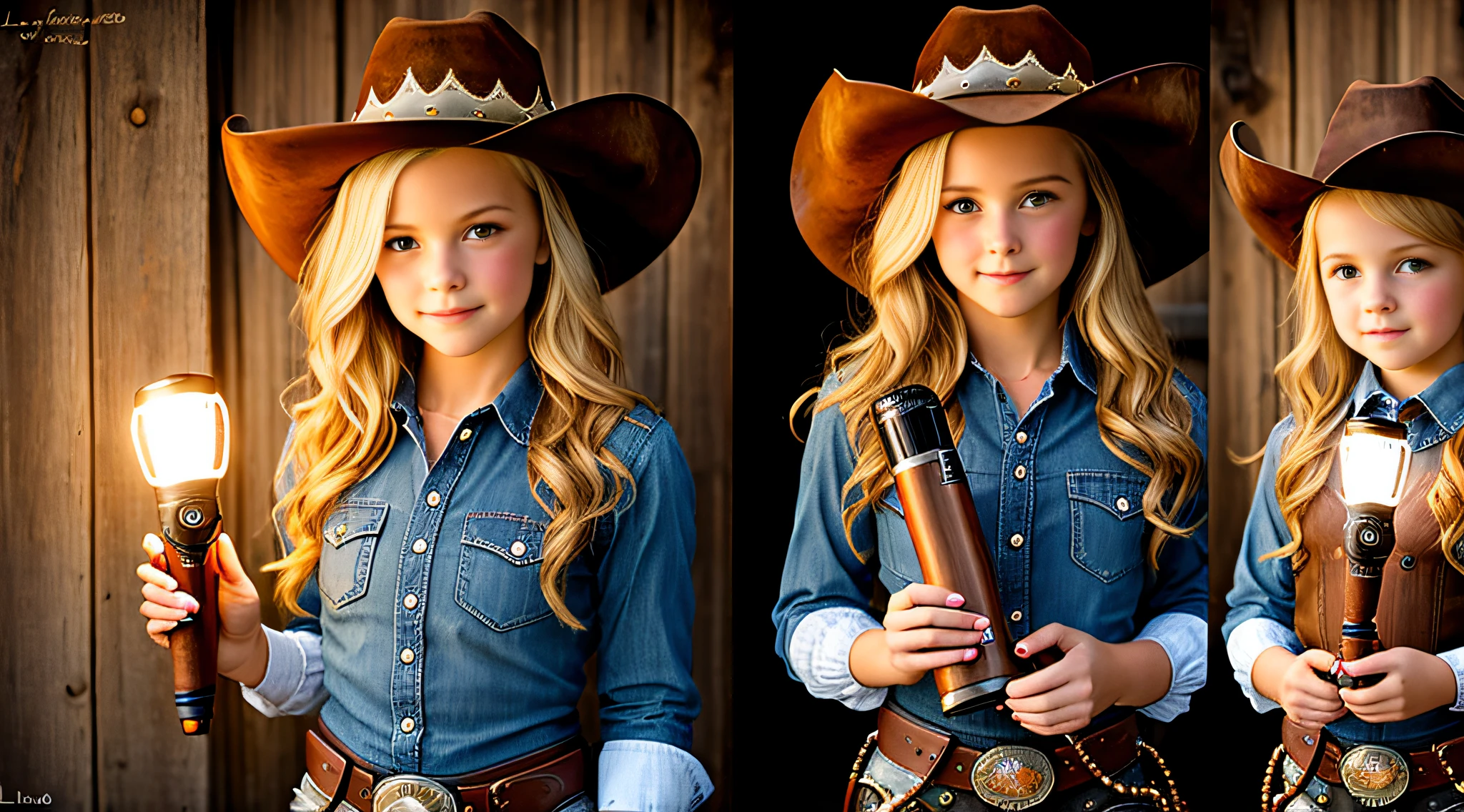 arafed BLONDE girl in a cowboy hat holding a flashlight, holding a flashlight, cowgirl, girl under flashlight, western cowgirl, dressed as a western sheriff, cow-girl, beautiful cowboy witch, young girl in steampunk clothes, female cowgirl, girl, by Linda Sutton, , lighting, photo of girl, wearing a cowboy hat, next generation, portrait sturdy girl