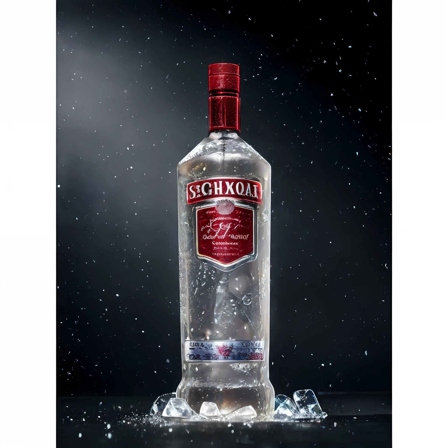 masterpiece, best quality, hyper detail, hyper detail, macro photography. The protagonist of this photo is a bottle of Vodka filled with transparent vodka. The lens focuses on the glass bottle, its reflections, on the vodka, on the label, fisheye lenses, distant views, (speckled liquid: 1.6), ice, (robust drink: 0.4), dripping. It is filled with vodka, translucent liquid, lights, a closeup of a bottle of vodka with a red cap on top, bottle of vodka, vodka, schnapps, fancy whiskey bottle, whiskey bottle, very fancy whiskey bottle, by Harold von Schmidt, official product photo, doff, smooth translucent video, no bottom.