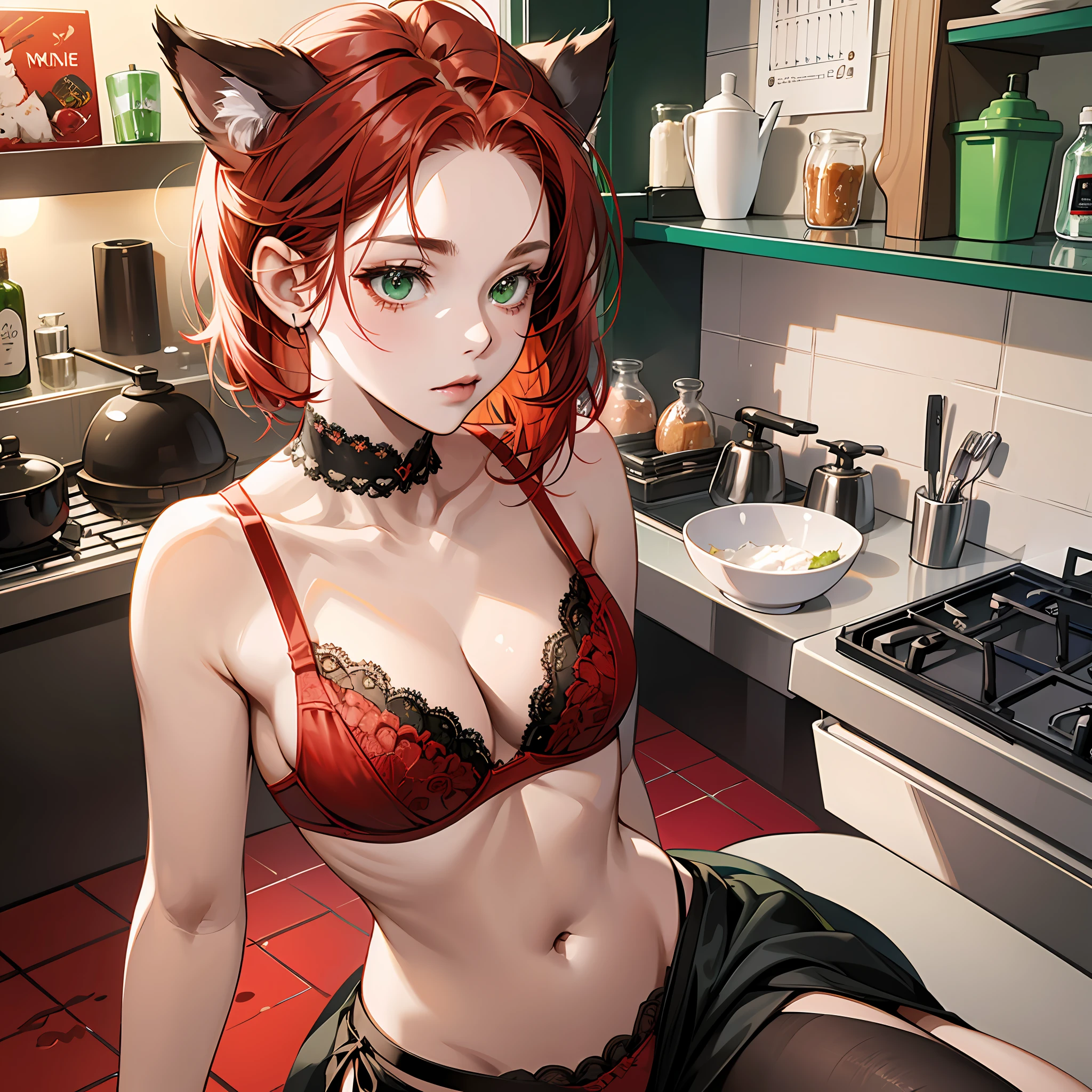 girl, slim body, red hair, green eyes, wolf ear, wearing nano micro red lace bra, nano micro red lace panties, kitchen background, anime, wolf syrup, 14 years old --auto --s2