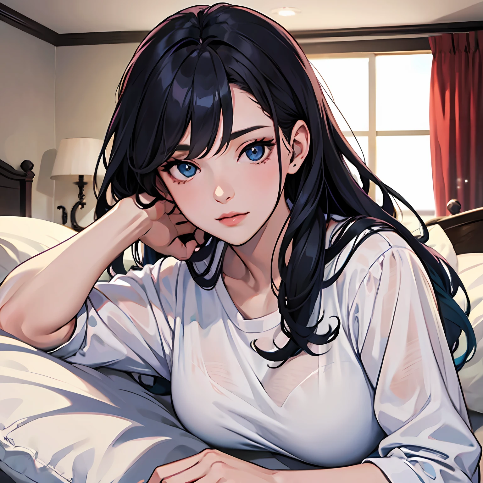 anime girl, detailed, beautiful eyes, beautiful body, black hair and blue tips, 4k, big hair, just with a white shirt, she is in the room on top lying on the bed, detailed skin, artwork --auto