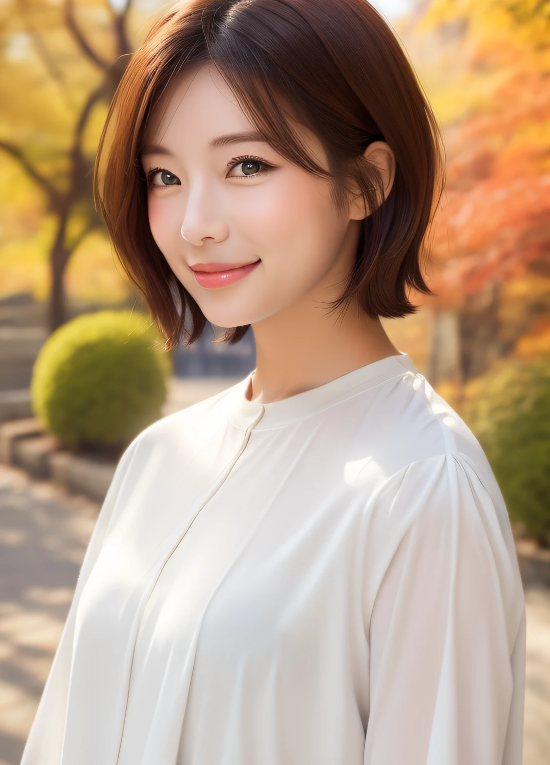 Smiling, white clothes, autumn leaves