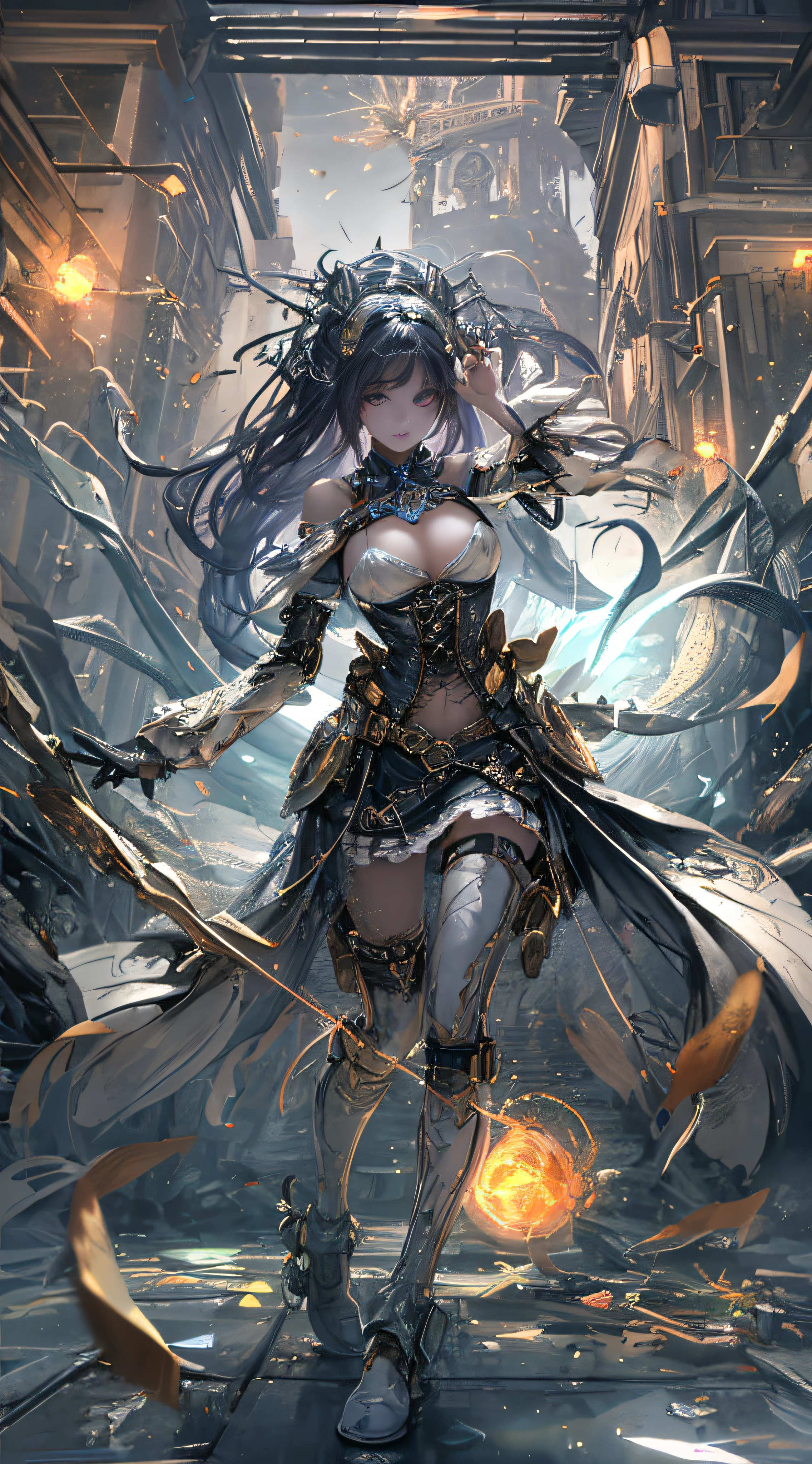 ((Best Quality)), (Masterpiece)), (Details:1.4), 3D, Battle scene of android mage girl with large mechanical weapon, countless glowing large spheres flying around, lots of sparks flying and splashing, mechanical bodies, off-shoulder fashion that fuses detailed and complex steampunk with detailed gothic lolita, poses that invoke magic, Dynamic action pose, large sphere of light spinning and flying, countless neon lights pouring down from heaven, very thin long legs, over-the-knee mechanical boots, intricate steampunk headgear, fluttering lace flared mini skirt, upward and beautiful small breasts, clean long silver hair, long vertical curly, wind driven, burning futuristic complex steampunk factory background, cinematic lighting, HDR (High Dynamic Range), Ray Tracing, NVIDIA RTX, Super Resolution, Unreal 5, Subsurface Scattering, PBR Texturing, Post-Processing, Anisotropic Filtering, Depth of Field, Maximum Clarity and Sharpness, Multilayer Textures, Albedo and Specular Maps, Surface Shading, Accurate Simulation Light Material Interaction, Perfect Proportions, Octane Rendering, Two-Tone Lighting, Wide Aperture, Low ISO, White Balance, Rule of Thirds, 16K RAW,