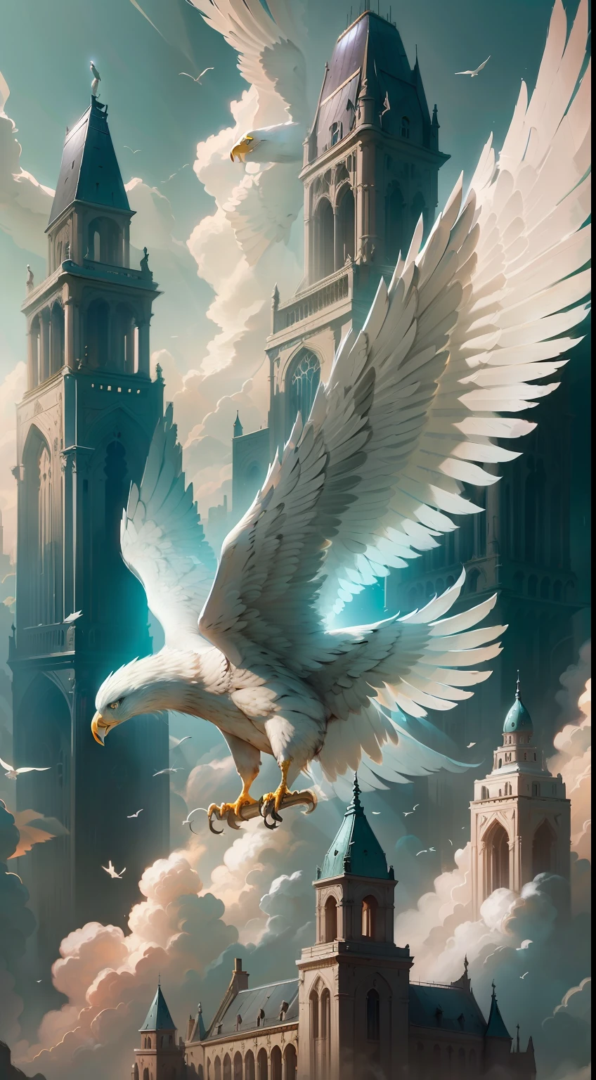 White eagle, sharp eyes, beautiful beak, wide wings, plump wings, majestic wings, ready to spread its wings above a towering building, medium range shot, ultra-realistic, surreal, 8k high quality detail art, majestic wings, amazing wallpaper, incredibly high detail, concept art