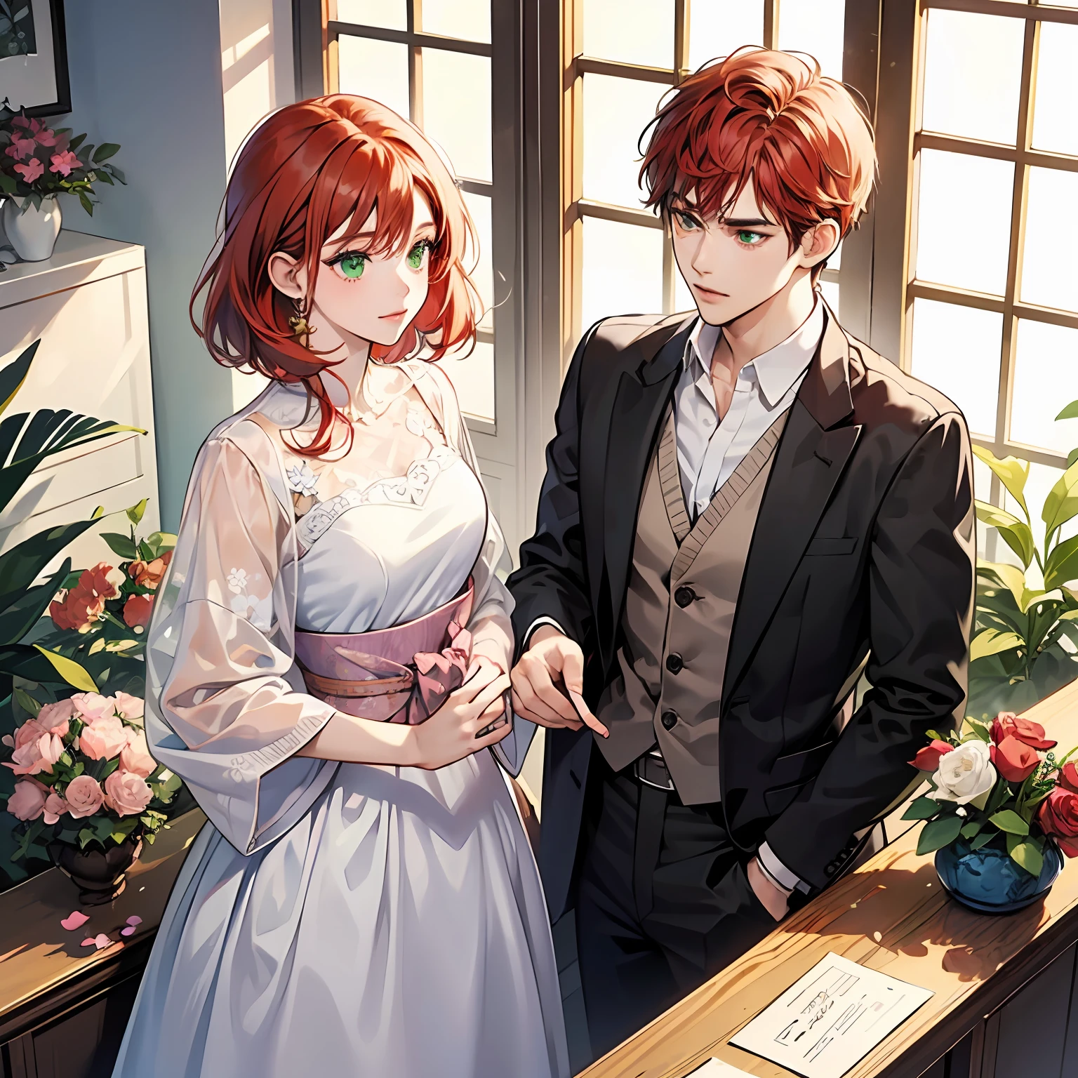 1 woman with red hair and green eyes, wearing a white dress; 1 man with short red hair and wearing a suit; bright sunlight; at the front desk; Arrange flowers; Japanese manga style. --auto