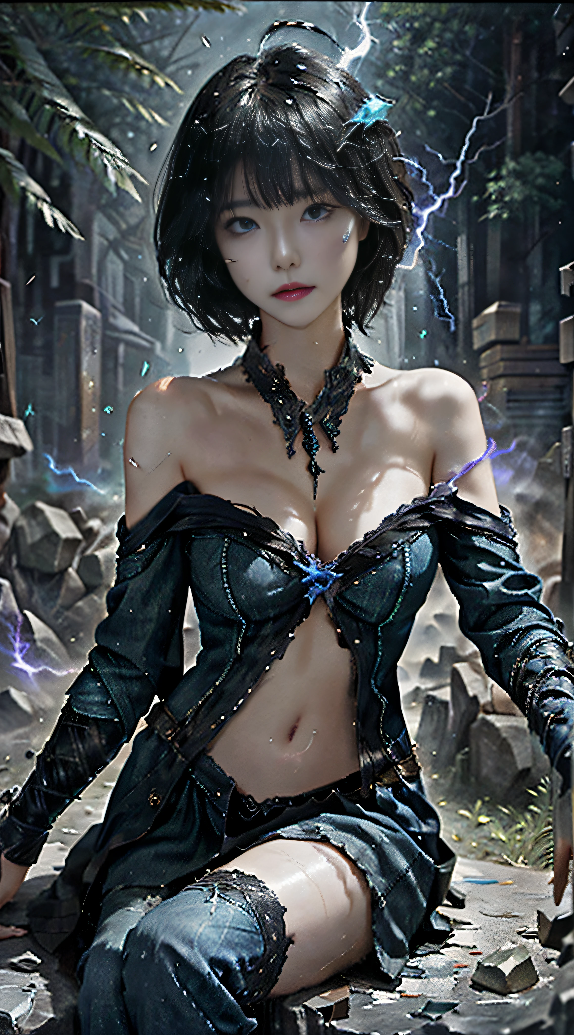 8k, complex, elegant, highly detailed, majestic, digital photography, denim lens, surrealist painting, broken glass, beating magic, winding lightning magic, (masterpiece, side light, fine beautiful eyes: 1.2), HDR, Void 5 energy lightning storm, (Chinese girl, black eyes: 1.5), pale skin, glowing skin, ( Sitting on a stone: 1.5), delicate face, black hair, wearing palatial blue armor, bare shoulders, navel, short skirt, fine blue armor, raining, beautiful, looking at the audience, facing the camera, masterpiece, upper body,