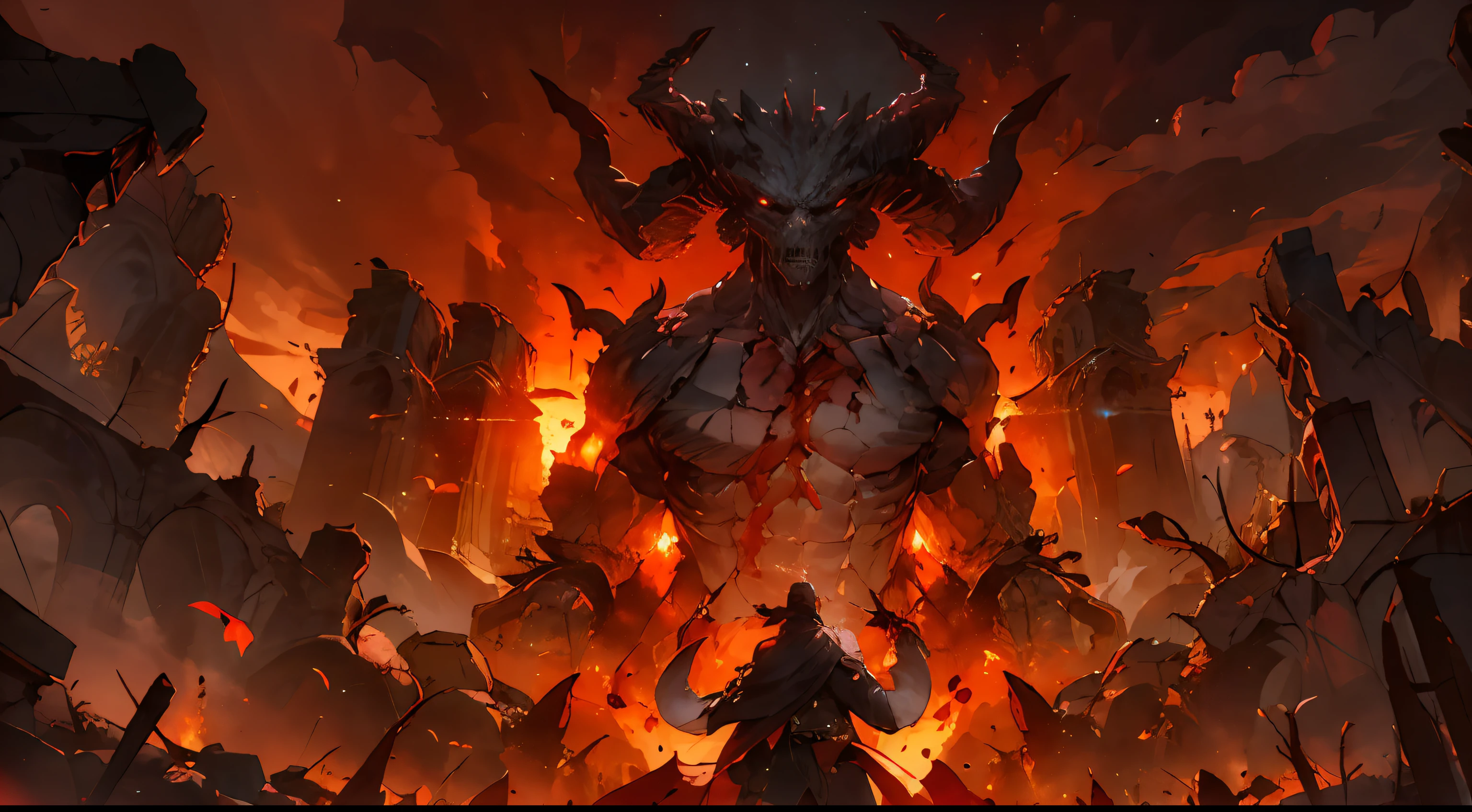 (absurd, high resolution, super detailed), mountains, barrenness, blood-like sunset, thick smoke, looming a huge monster rolling in the smoke, bloody eyes, a black cold back, white hair, a long knife shining with cold light, panorama, full frame, broken ruins style, dark, oppressive, particles, dust, blurred vision
