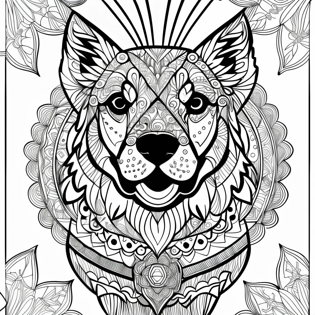 monochrome, adult coloring page, vectorization, mandala, dog image (Golden Retriever), white background, clean line art, fine line art