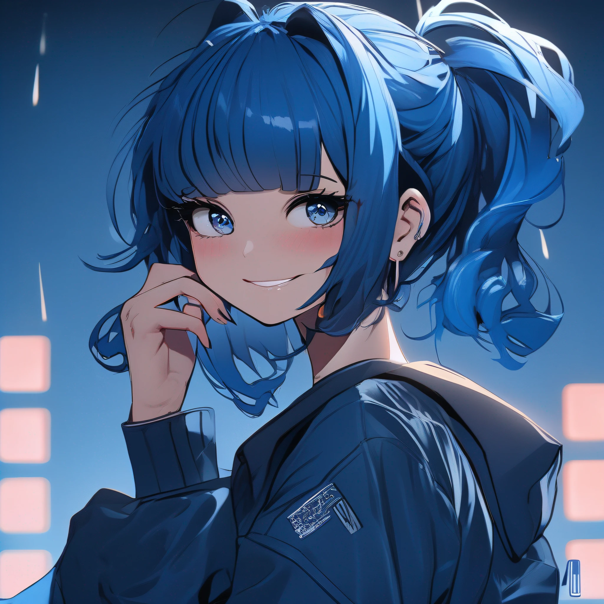 1 anime girl, pretty, inverted bob hair, dark blue hair, ponytail, smile, intricate detail, depth of field, cinematic lighting, backlighting, (masterpiece), (high details), award winning, high quality, best quality, 8k, crouching on a cube with a blue background, e-girl, cynthwave, japanese streetwear, fashwave, photo of breeze kaze, mid shot portrait, jpop clothing