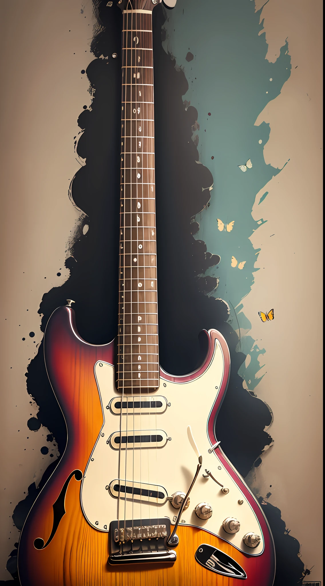 Poster advertised a classic guitar, faded background of subdued colors, multicolored butterflies surround the guitar, musical notes flying around the guitar, slight fog in front of the guitar, many details, black lines furtes, 32 k --auto --s2