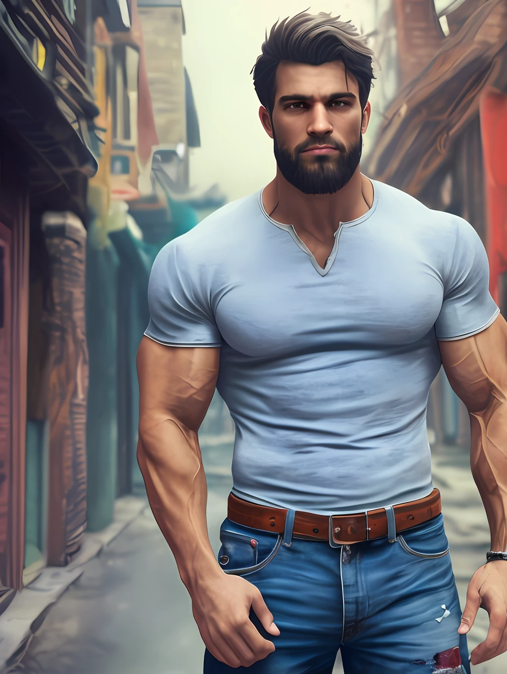 (Highest quality, amazing details: 1.4), masterpiece, original characters, natural volumetric lighting and better shadows, deep depth of field, sharp focus, portrait of ((2men)) 40 years incredibly beautiful muscles, full body, insanely handsome face manly, beard, attractive with clear eyes, seductive smile, shaggy short gray hair, smoking, white tight shirt, jeans, (messy painted body: 1.05), (alley background with people cars shops: 1.15), shopping street, (standing with arms crossed: 1.2), picturesque, overexposure, photorealism, photorealistic, nsfw, sexy,, sharp, focused, centered, sensual, HD, 8k, DSLR, RAW --auto --s2
