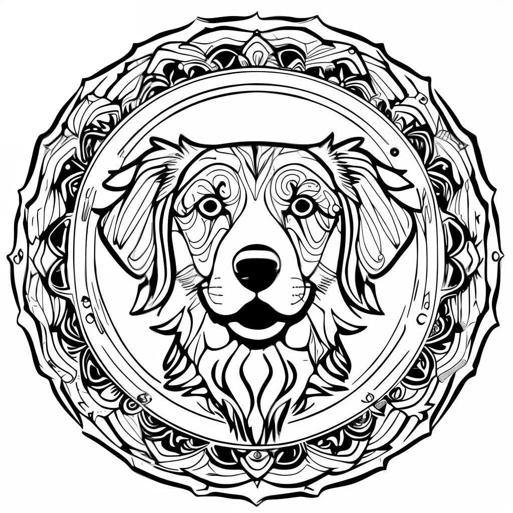 monochrome, adult coloring page, vectorization, mandala, dog image (Golden Retriever), white background, clean line art, fine line art