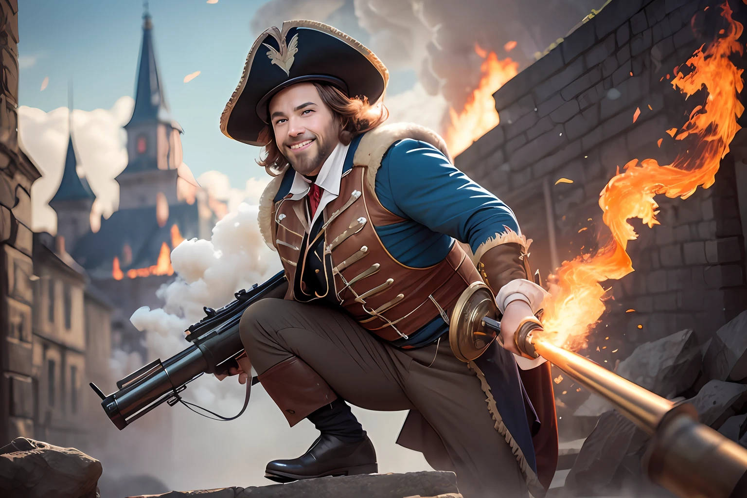 dynamic scene. 1600s. France. ruined stone fortress. Funny plump Musketeer - Loading a big cannon - a gun on wheels, and aiming a gun at a target, a sly squint with a smile on his face. Medium portrait in feathered hat and uniform with accessories, professional photography, still from Disney movie, blurred fantasy background, lots of smoke and fire, sparks, 64K --auto --s2