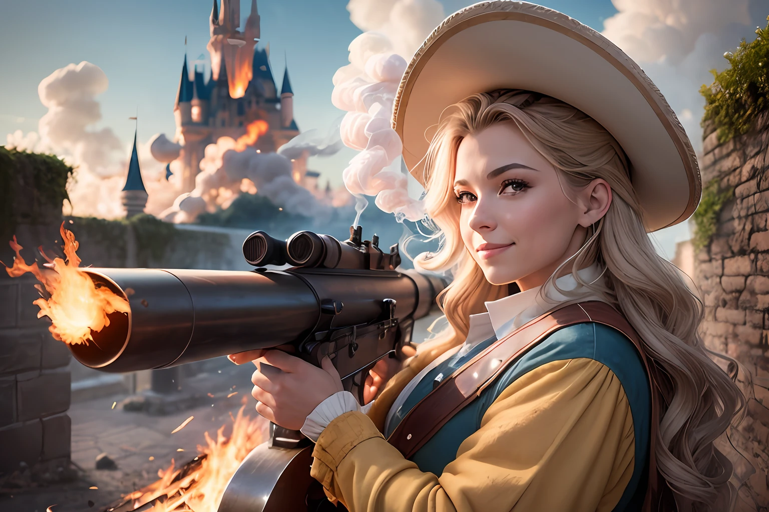 dynamic scene. 1600s. France. ruined stone fortress. Funny plump Musketeer - Loading a big cannon - a gun on wheels, and aiming a gun at a target, a sly squint with a smile on his face. Medium portrait in feathered hat and uniform with accessories, professional photography, still from Disney movie, blurred fantasy background, lots of smoke and fire, sparks, 64K --auto --s2
